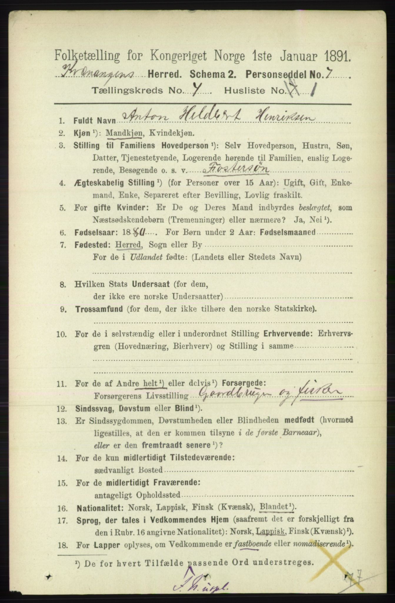 RA, 1891 census for 1943 Kvænangen, 1891, p. 1548