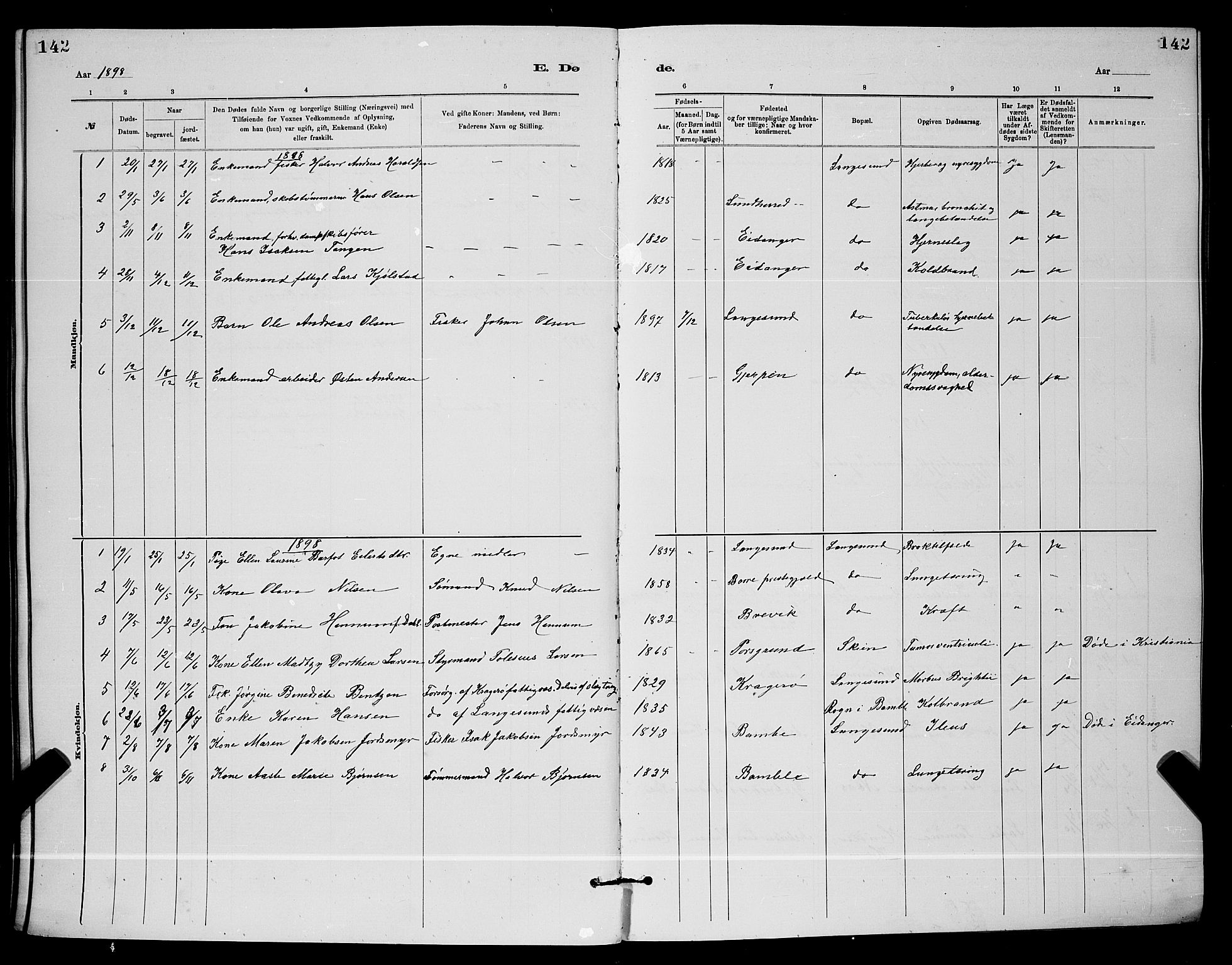 Langesund kirkebøker, SAKO/A-280/G/Ga/L0005: Parish register (copy) no. 5, 1884-1898, p. 142