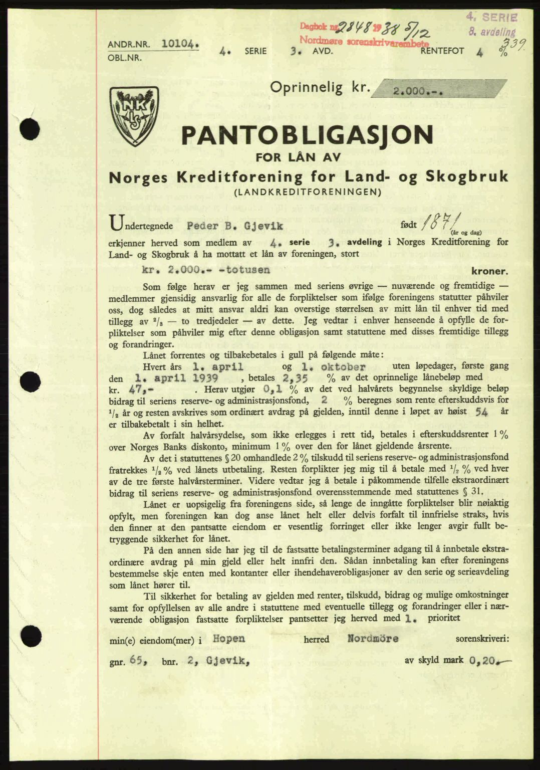 Nordmøre sorenskriveri, SAT/A-4132/1/2/2Ca: Mortgage book no. B84, 1938-1939, Diary no: : 2848/1938
