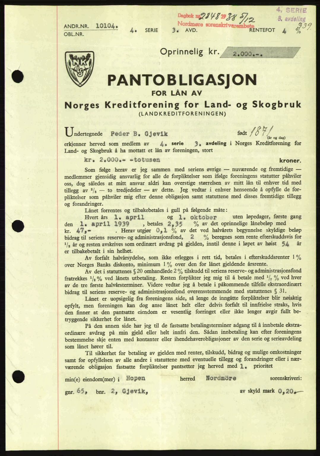 Nordmøre sorenskriveri, AV/SAT-A-4132/1/2/2Ca: Mortgage book no. B84, 1938-1939, Diary no: : 2848/1938