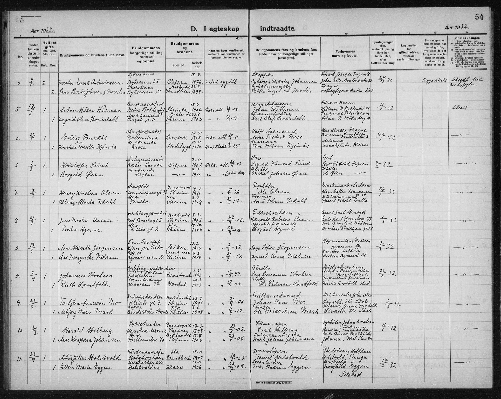 Ministerialprotokoller, klokkerbøker og fødselsregistre - Sør-Trøndelag, SAT/A-1456/603/L0176: Parish register (copy) no. 603C04, 1923-1941, p. 54