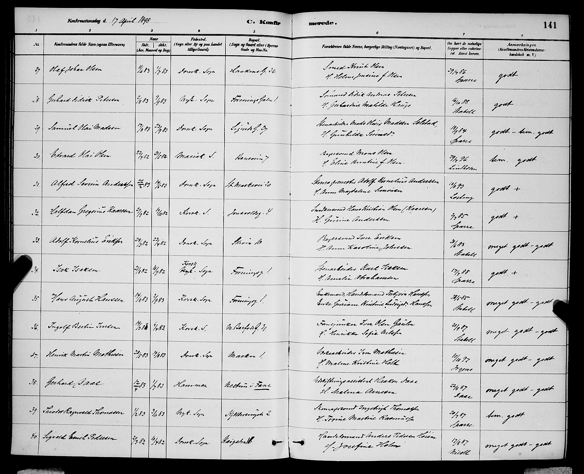 Domkirken sokneprestembete, SAB/A-74801/H/Hab/L0024: Parish register (copy) no. C 4, 1880-1899, p. 141