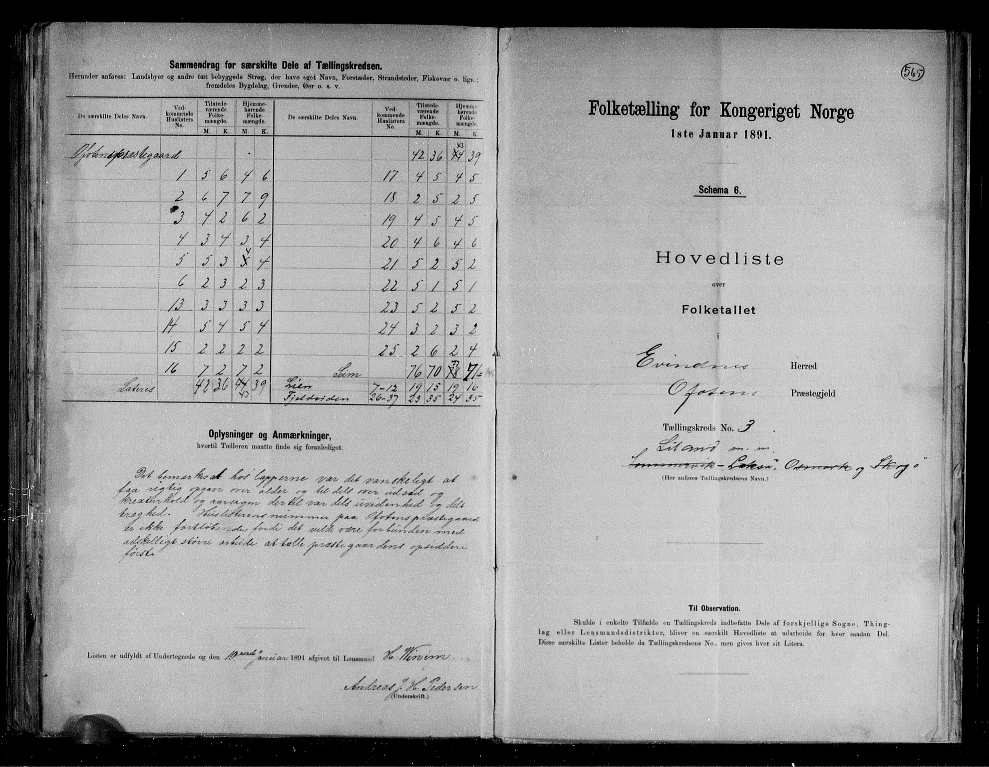 RA, 1891 census for 1853 Evenes, 1891, p. 9