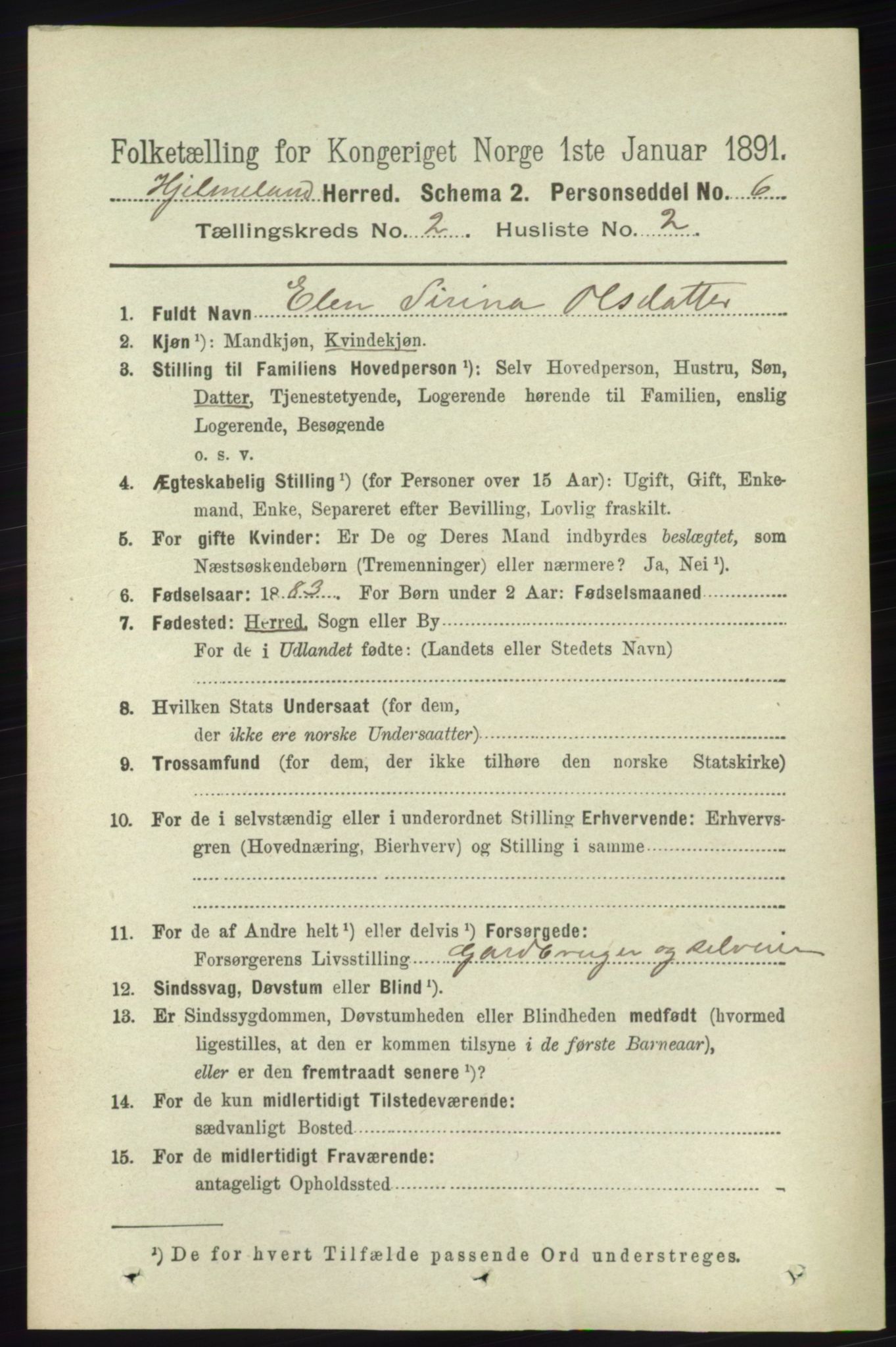 RA, 1891 census for 1133 Hjelmeland, 1891, p. 392