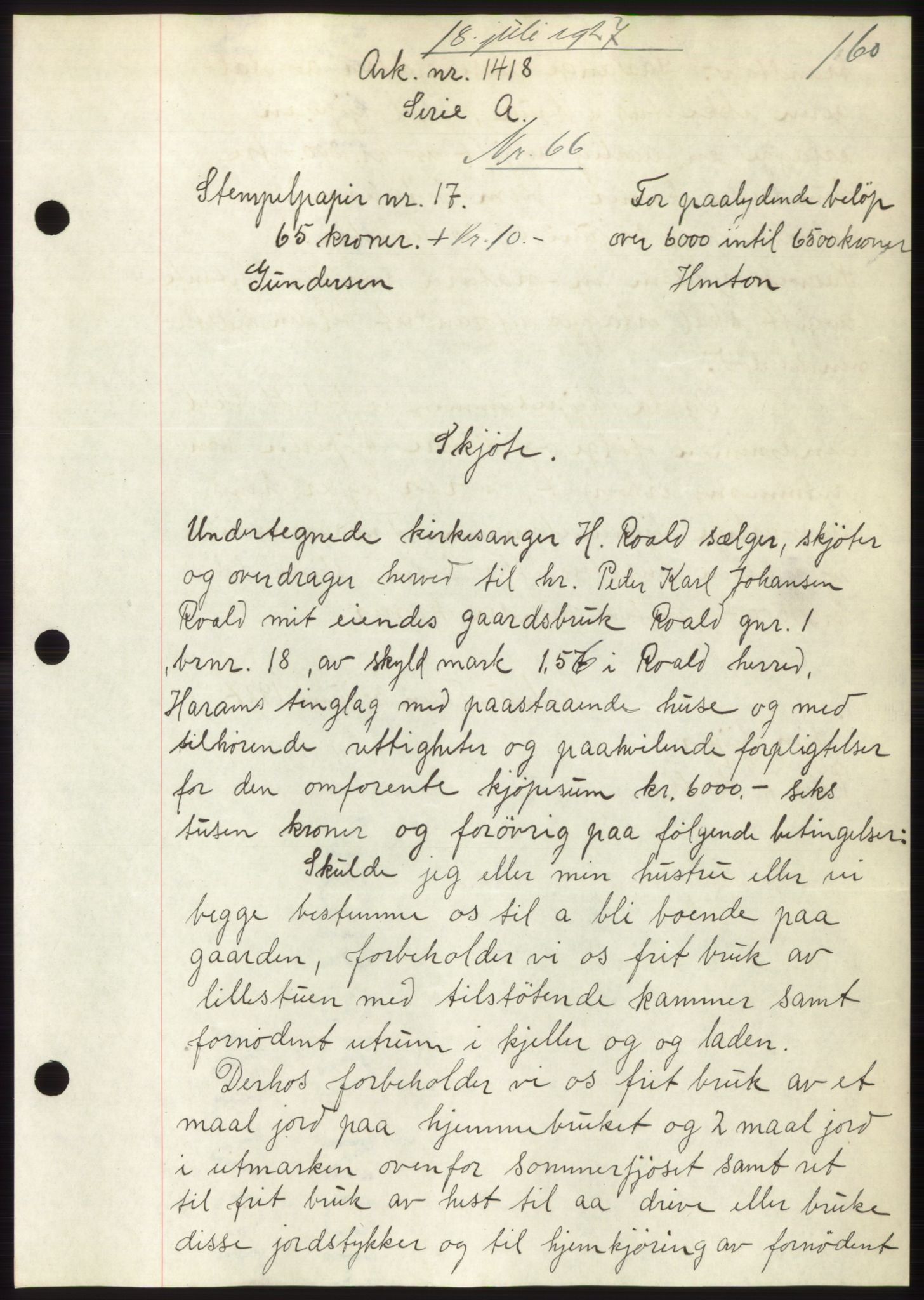 Nordre Sunnmøre sorenskriveri, AV/SAT-A-0006/1/2/2C/2Ca/L0037: Mortgage book no. 40, 1927-1927, Deed date: 18.07.1927