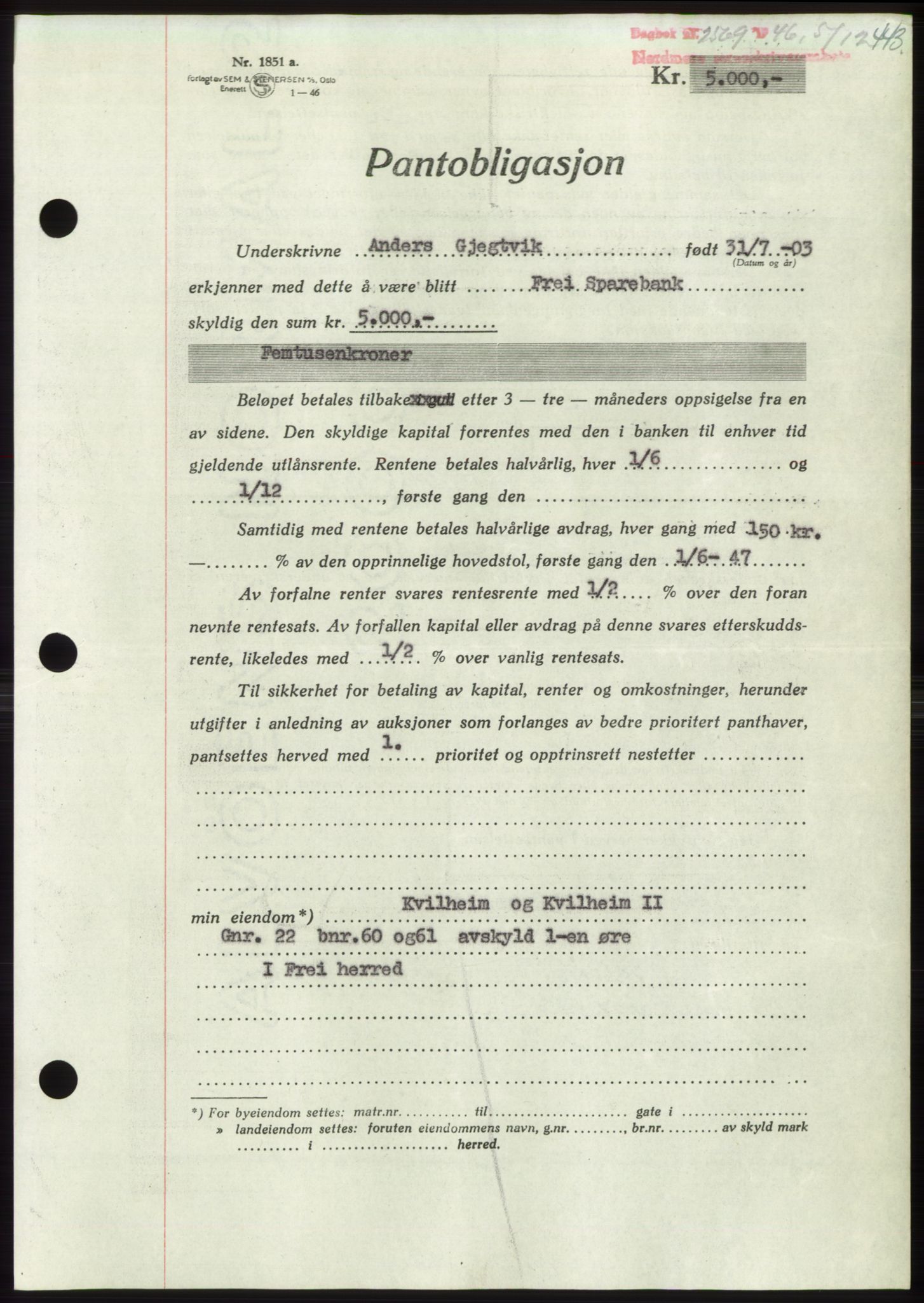 Nordmøre sorenskriveri, AV/SAT-A-4132/1/2/2Ca: Mortgage book no. B95, 1946-1947, Diary no: : 2569/1946