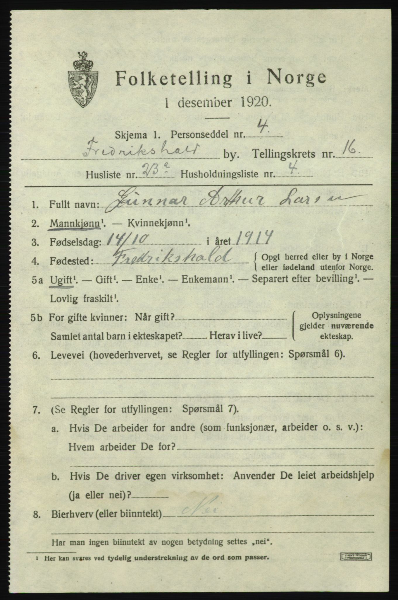 SAO, 1920 census for Fredrikshald, 1920, p. 25595