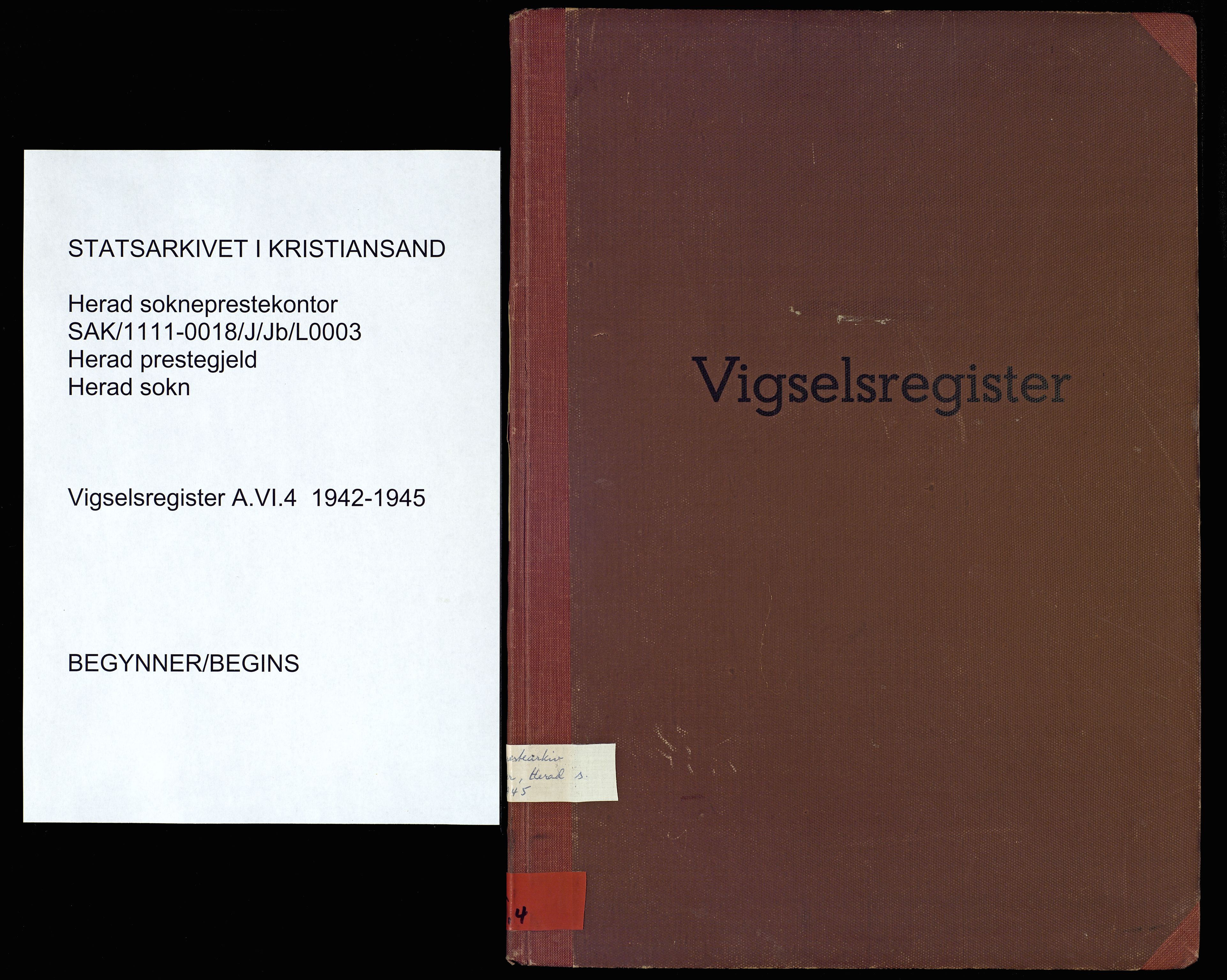 Herad sokneprestkontor, SAK/1111-0018/J/Jb/L0003: Marriage register no. A-VI-4, 1942-1945
