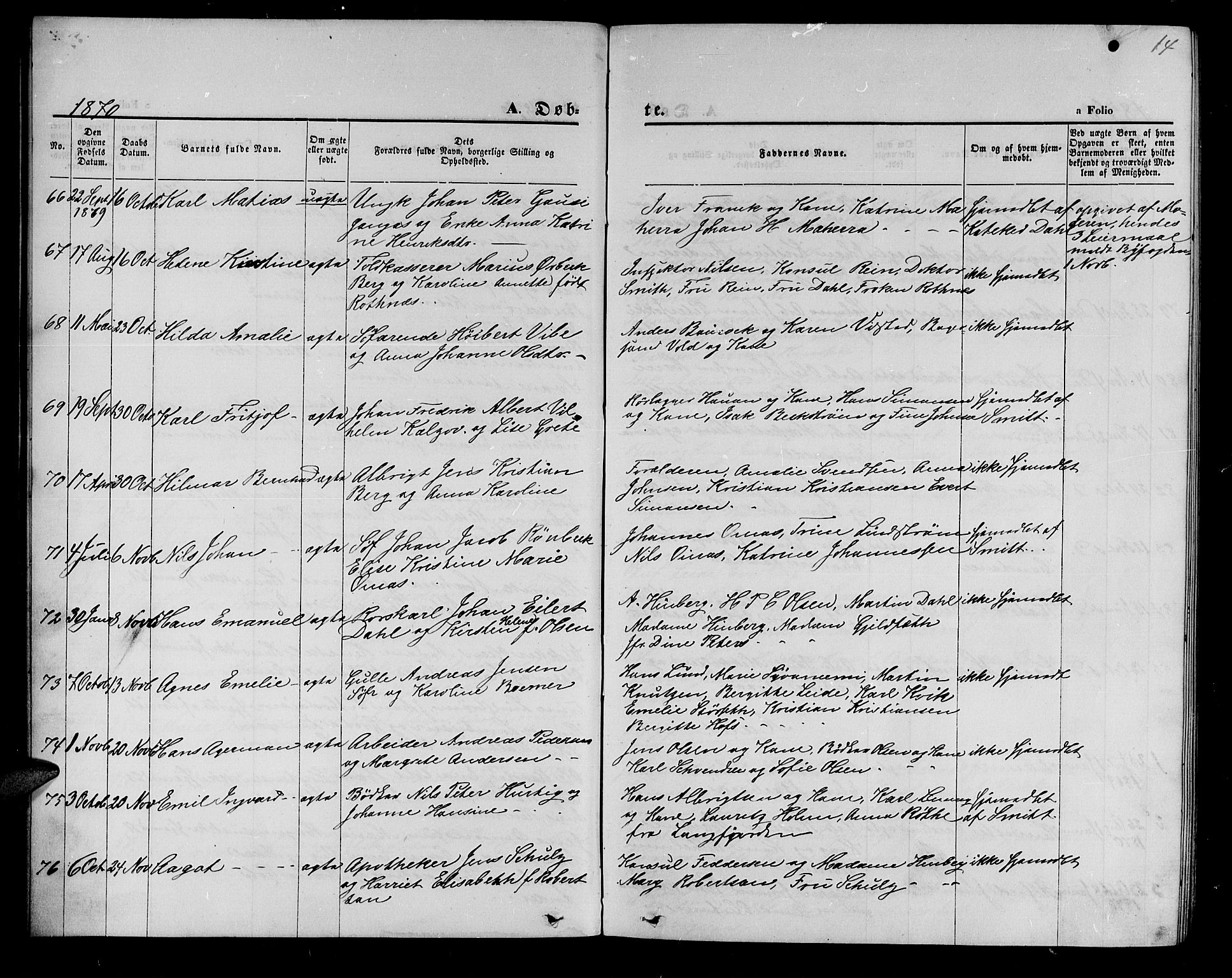 Hammerfest sokneprestkontor, SATØ/S-1347/H/Hb/L0004.klokk: Parish register (copy) no. 4, 1869-1877, p. 14
