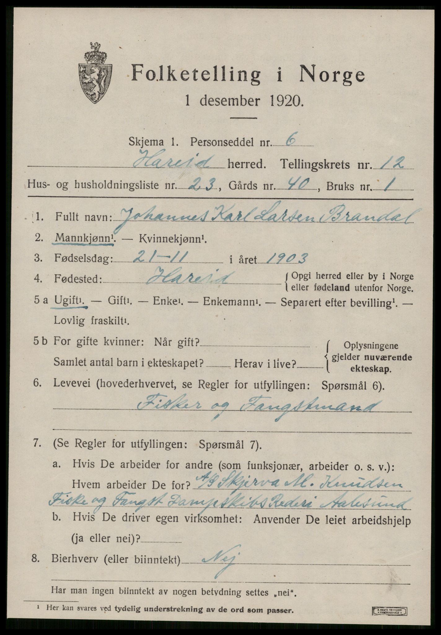 SAT, 1920 census for Hareid, 1920, p. 4913