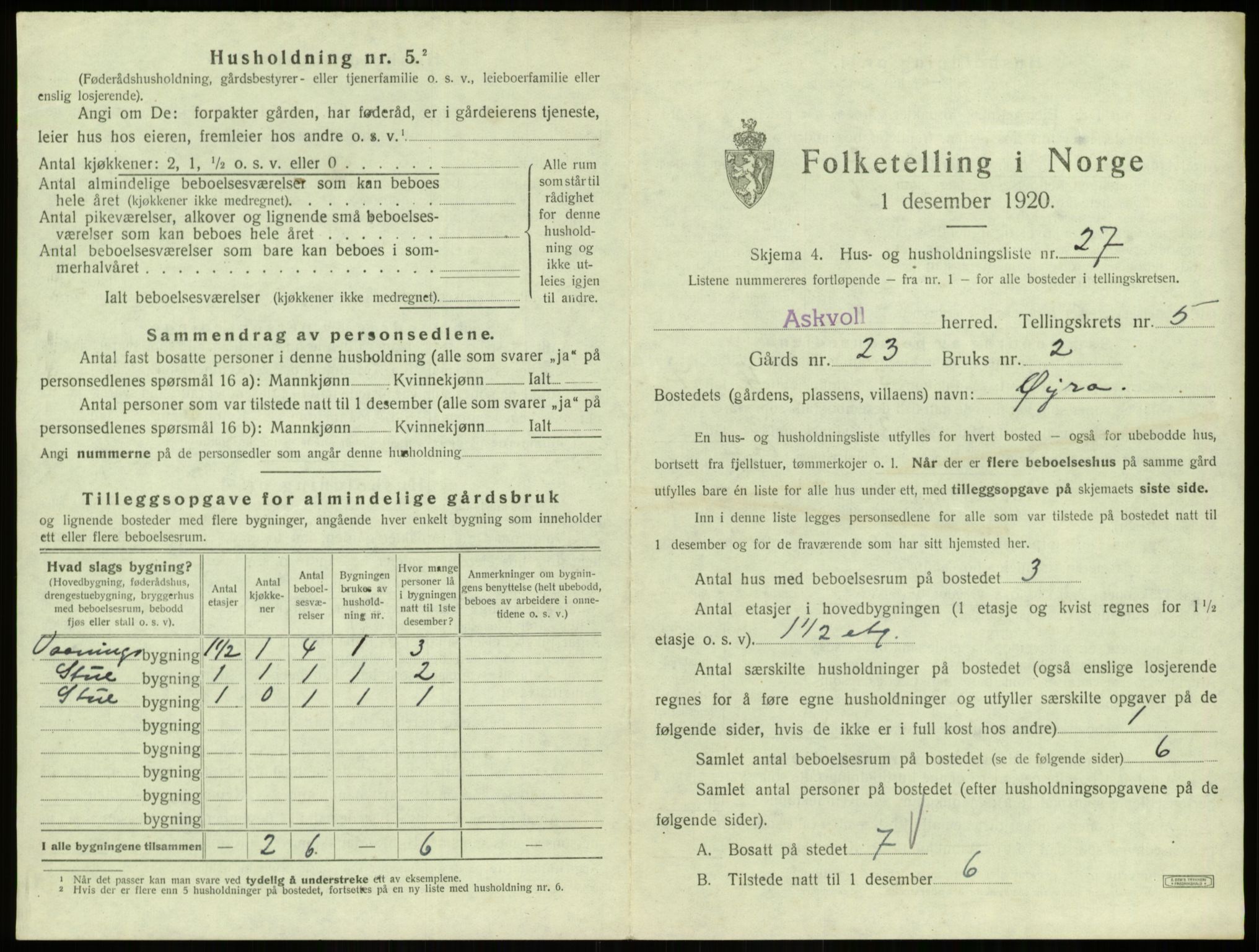 SAB, 1920 census for Askvoll, 1920, p. 319