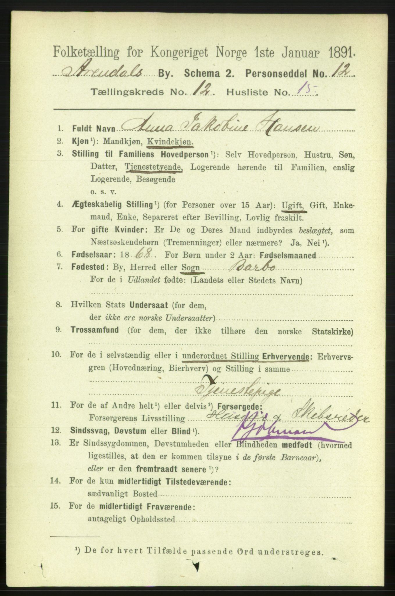 RA, 1891 census for 0903 Arendal, 1891, p. 4362