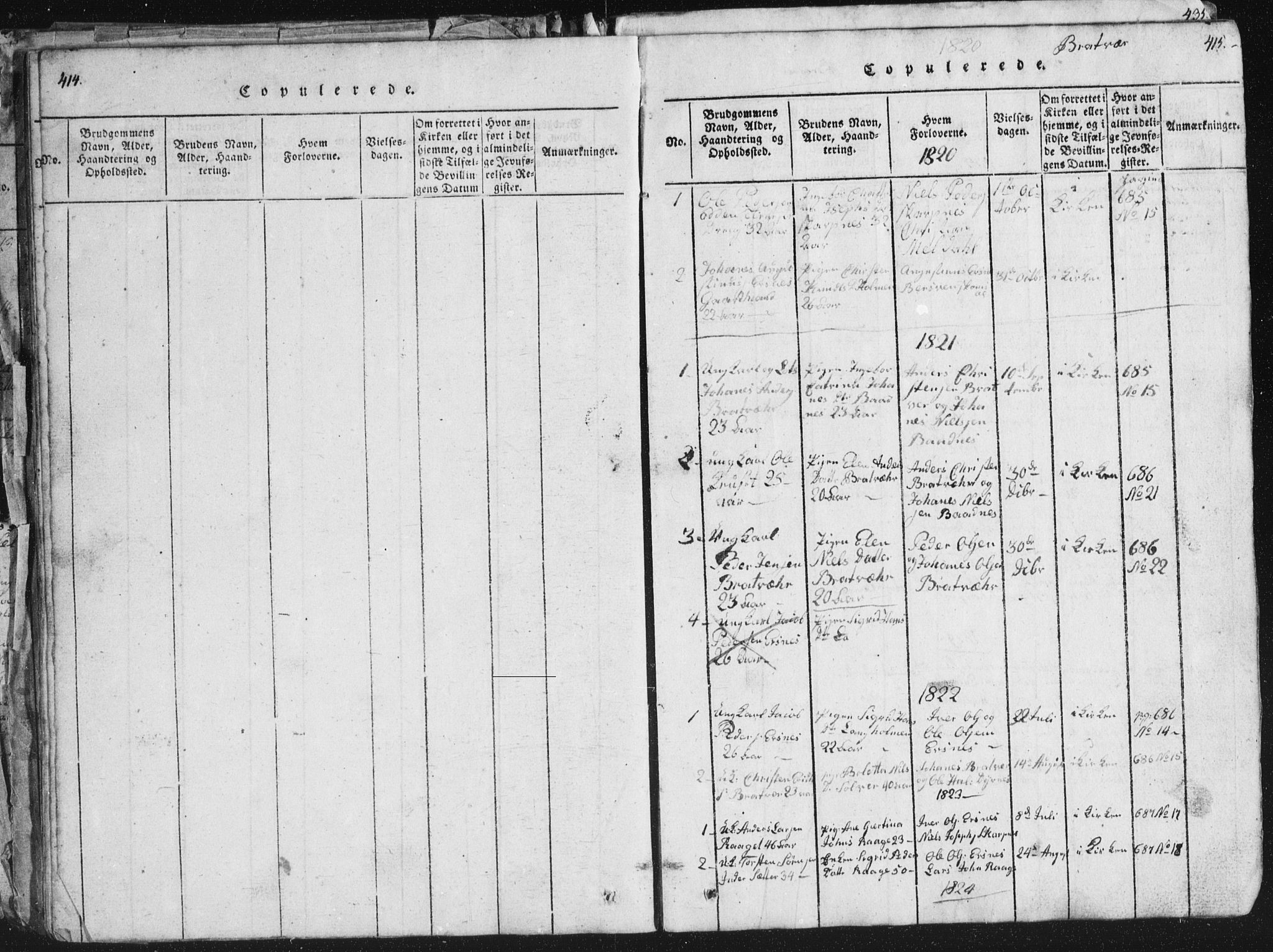 Ministerialprotokoller, klokkerbøker og fødselsregistre - Møre og Romsdal, SAT/A-1454/581/L0942: Parish register (copy) no. 581C00, 1820-1836, p. 414-415