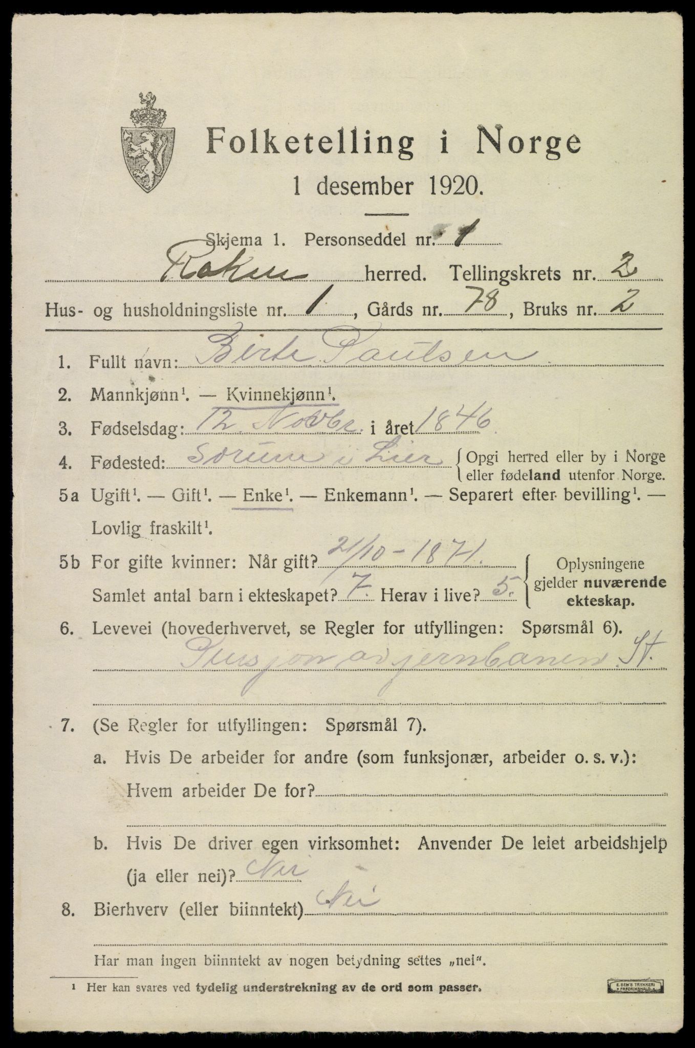 SAKO, 1920 census for Røyken, 1920, p. 2884