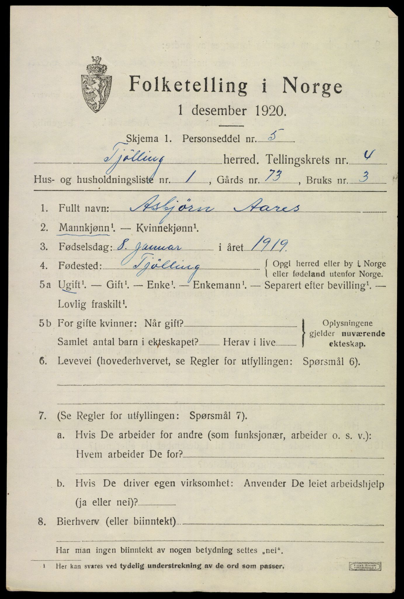 SAKO, 1920 census for Tjølling, 1920, p. 7507