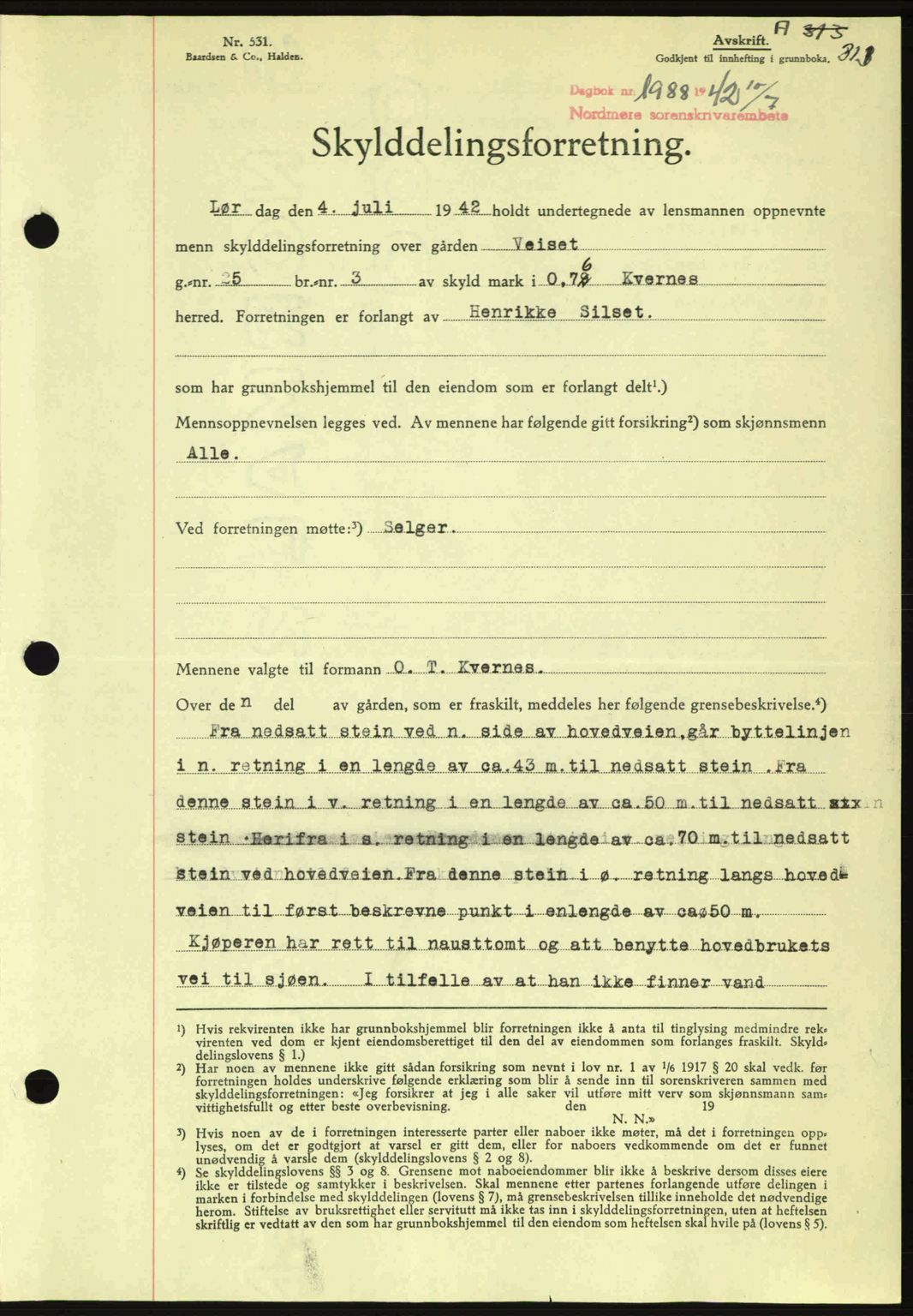 Nordmøre sorenskriveri, AV/SAT-A-4132/1/2/2Ca: Mortgage book no. A93, 1942-1942, Diary no: : 1888/1942