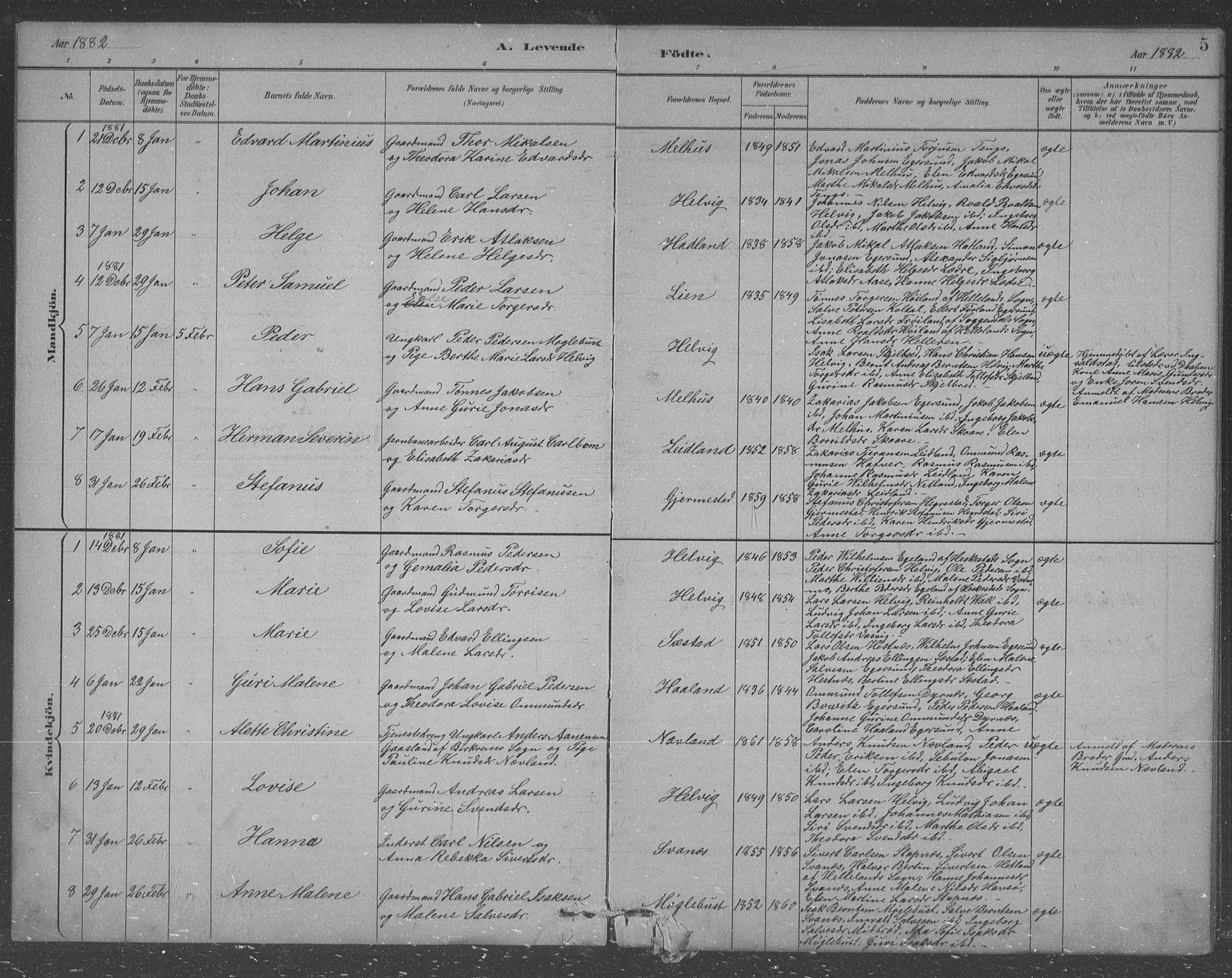 Eigersund sokneprestkontor, SAST/A-101807/S09/L0007: Parish register (copy) no. B 7, 1882-1892, p. 5