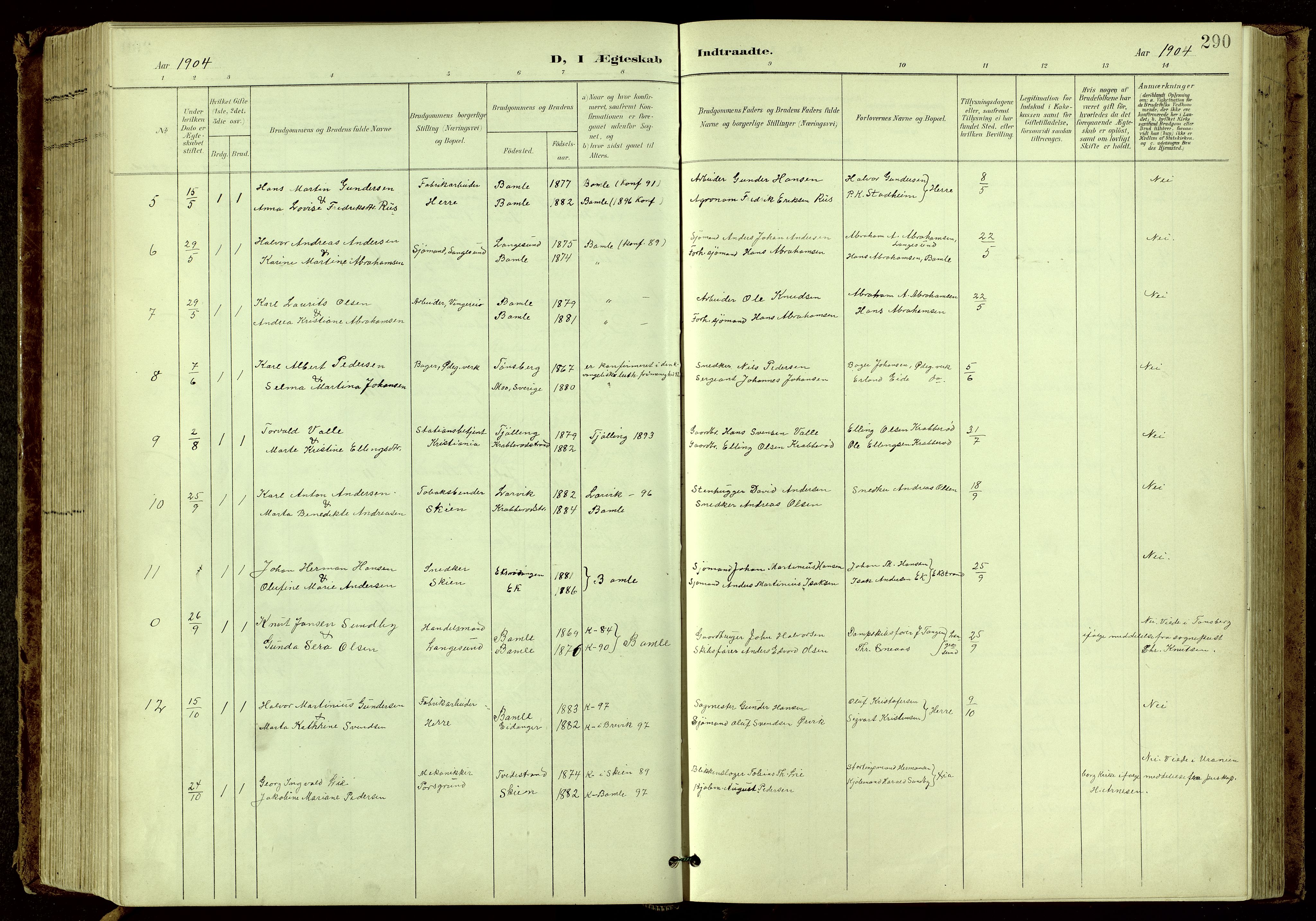Bamble kirkebøker, SAKO/A-253/G/Ga/L0010: Parish register (copy) no. I 10, 1901-1919, p. 290