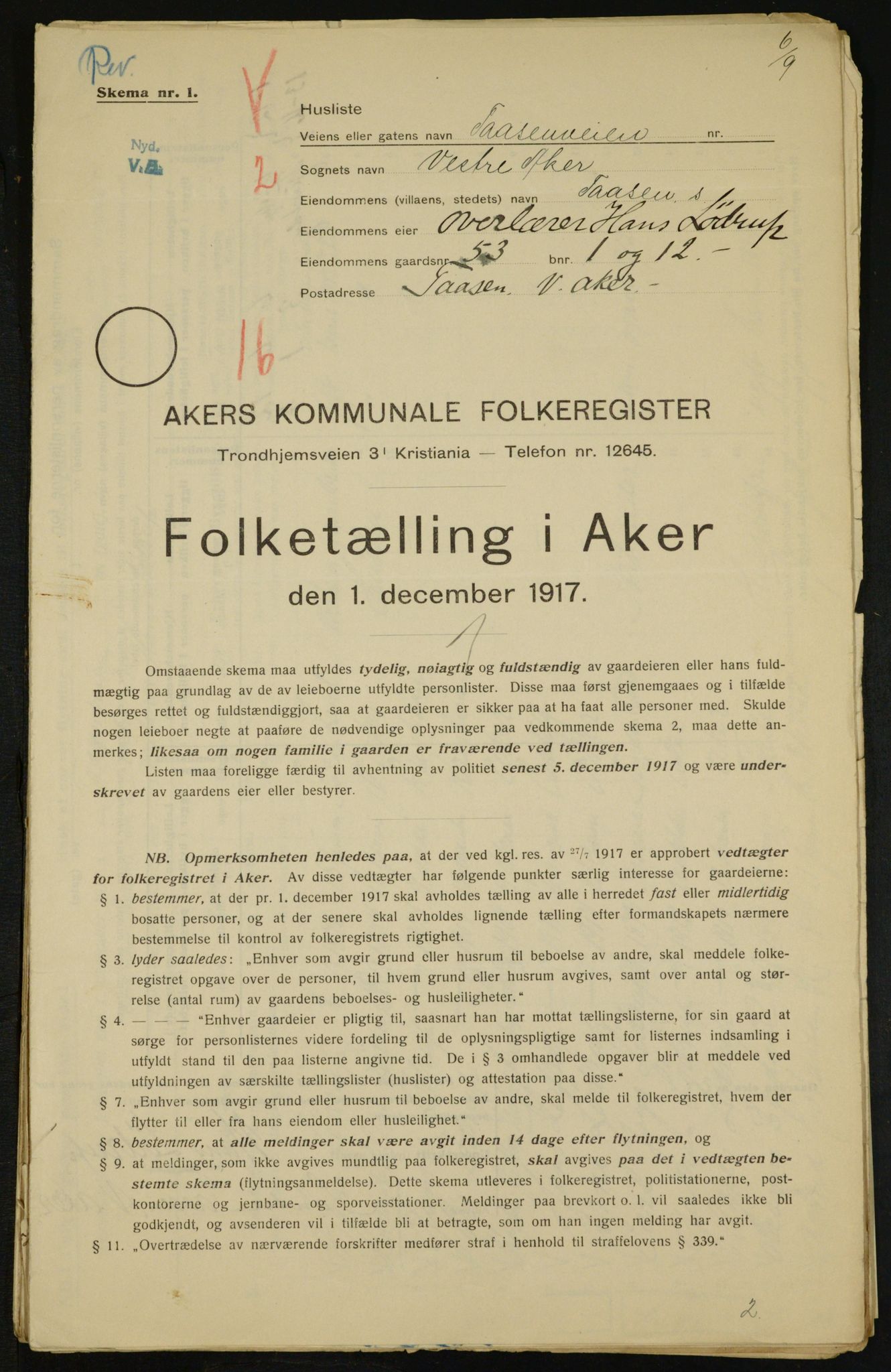 OBA, Municipal Census 1917 for Aker, 1917, p. 11697