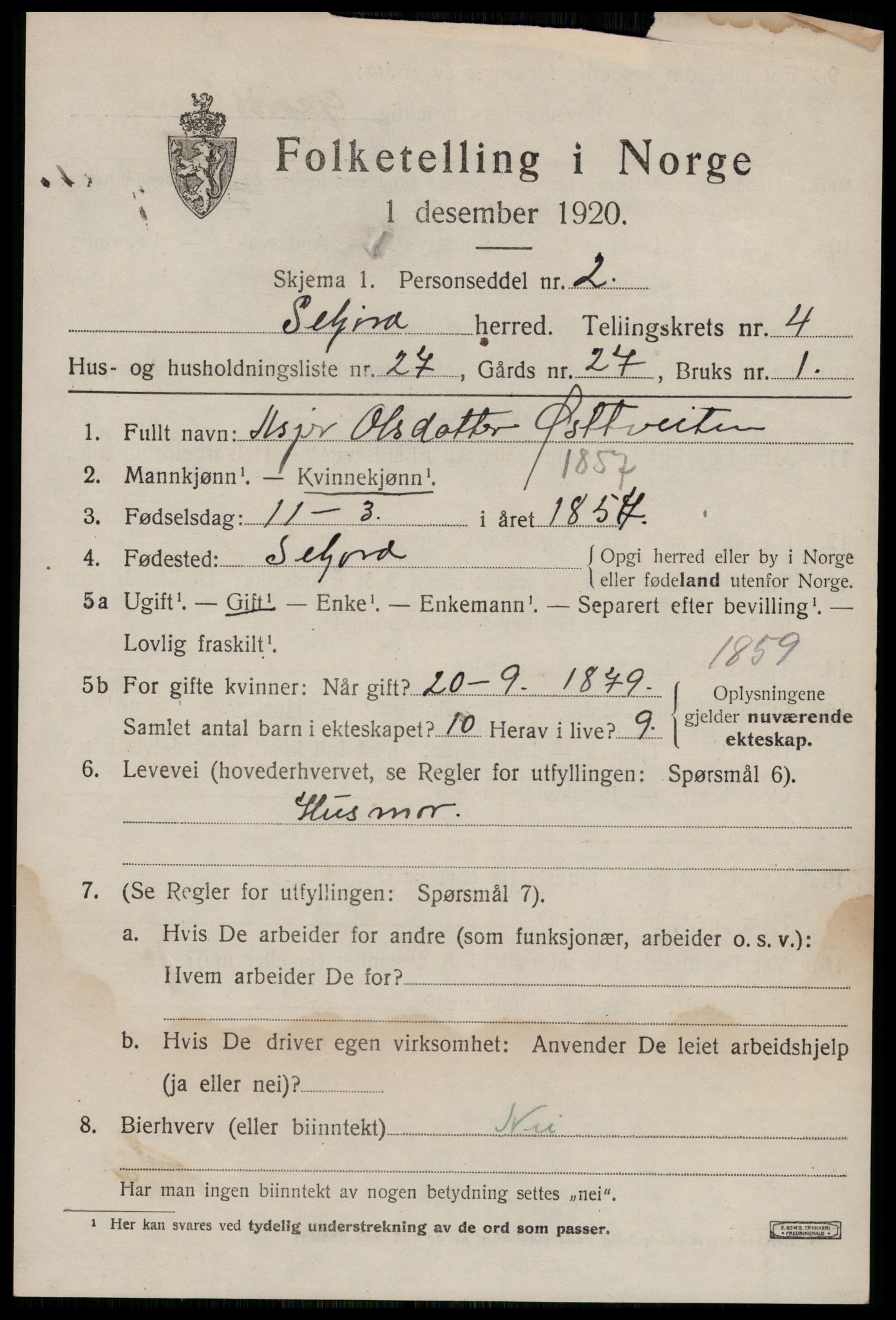 SAKO, 1920 census for Seljord, 1920, p. 2364