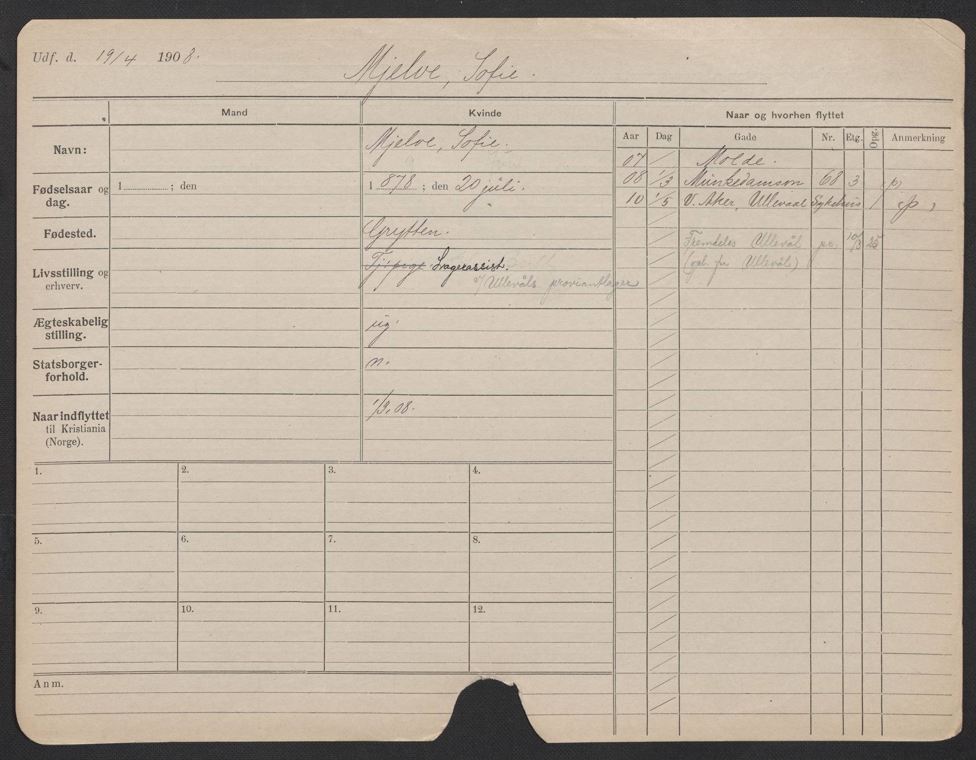 Oslo folkeregister, Registerkort, AV/SAO-A-11715/F/Fa/Fac/L0020: Kvinner, 1906-1914, p. 902a