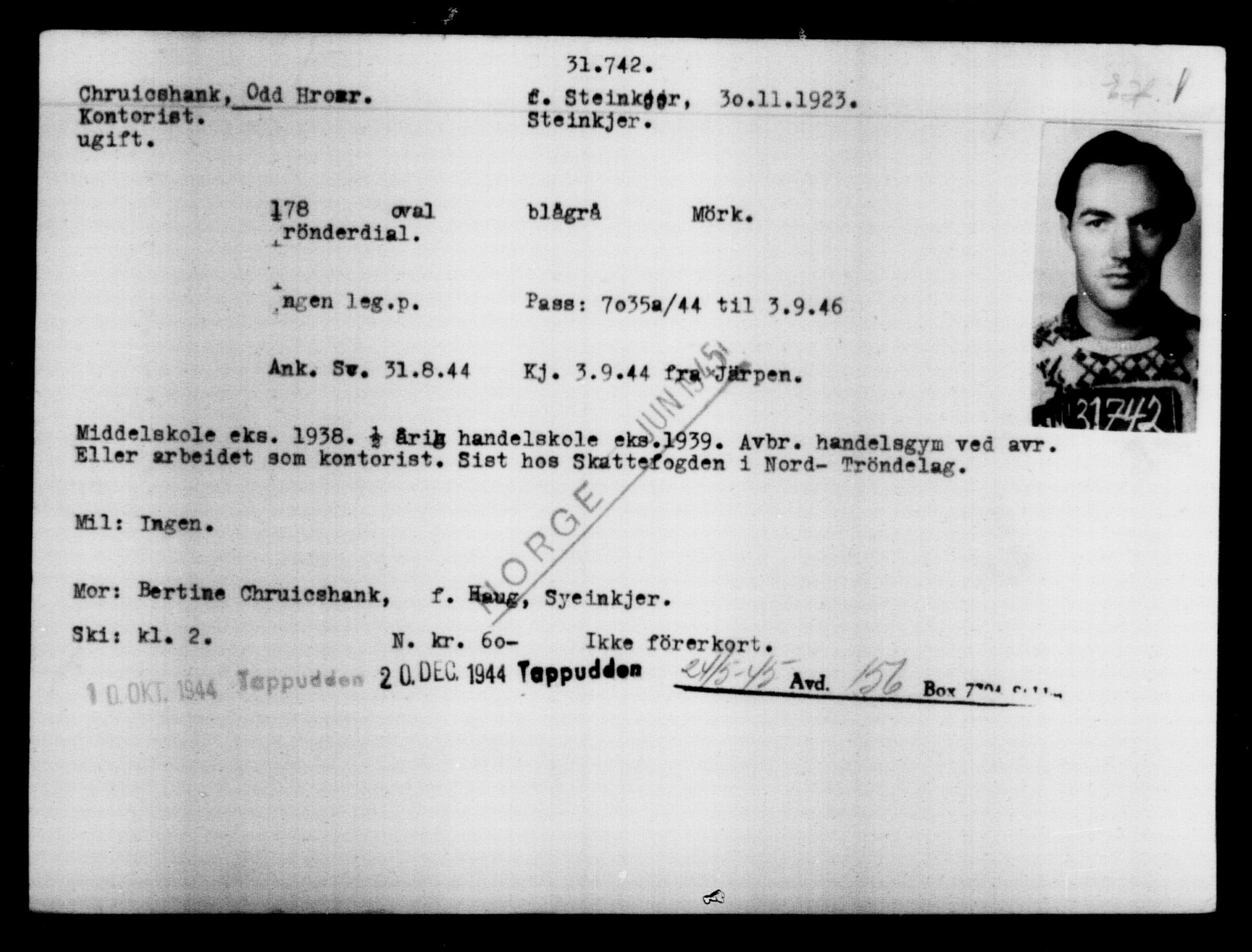 Utenriksstasjonene, Legasjonen i Stockholm, Flyktningkontoret, AV/RA-S-6753/V/Va/L0013: Kjesäterkartoteket, flyktninger med registreringsnr. 31500-34731, 1940-1945, p. 264