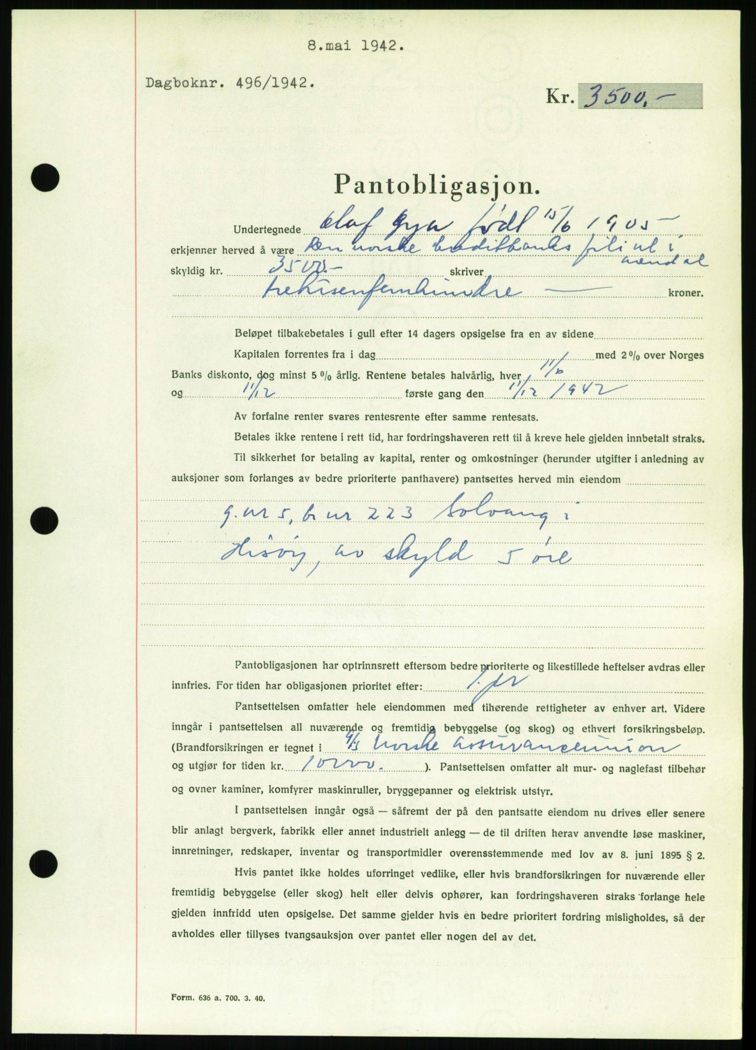 Nedenes sorenskriveri, AV/SAK-1221-0006/G/Gb/Gbb/L0002: Mortgage book no. II, 1942-1945, Diary no: : 496/1942