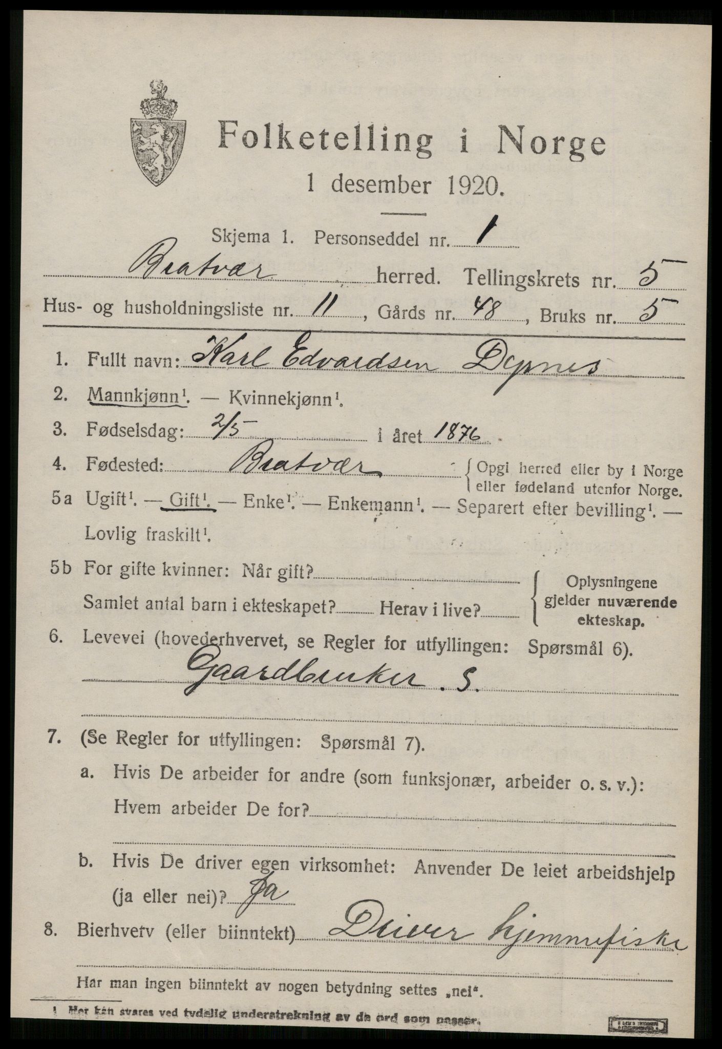 SAT, 1920 census for Brattvær, 1920, p. 2550