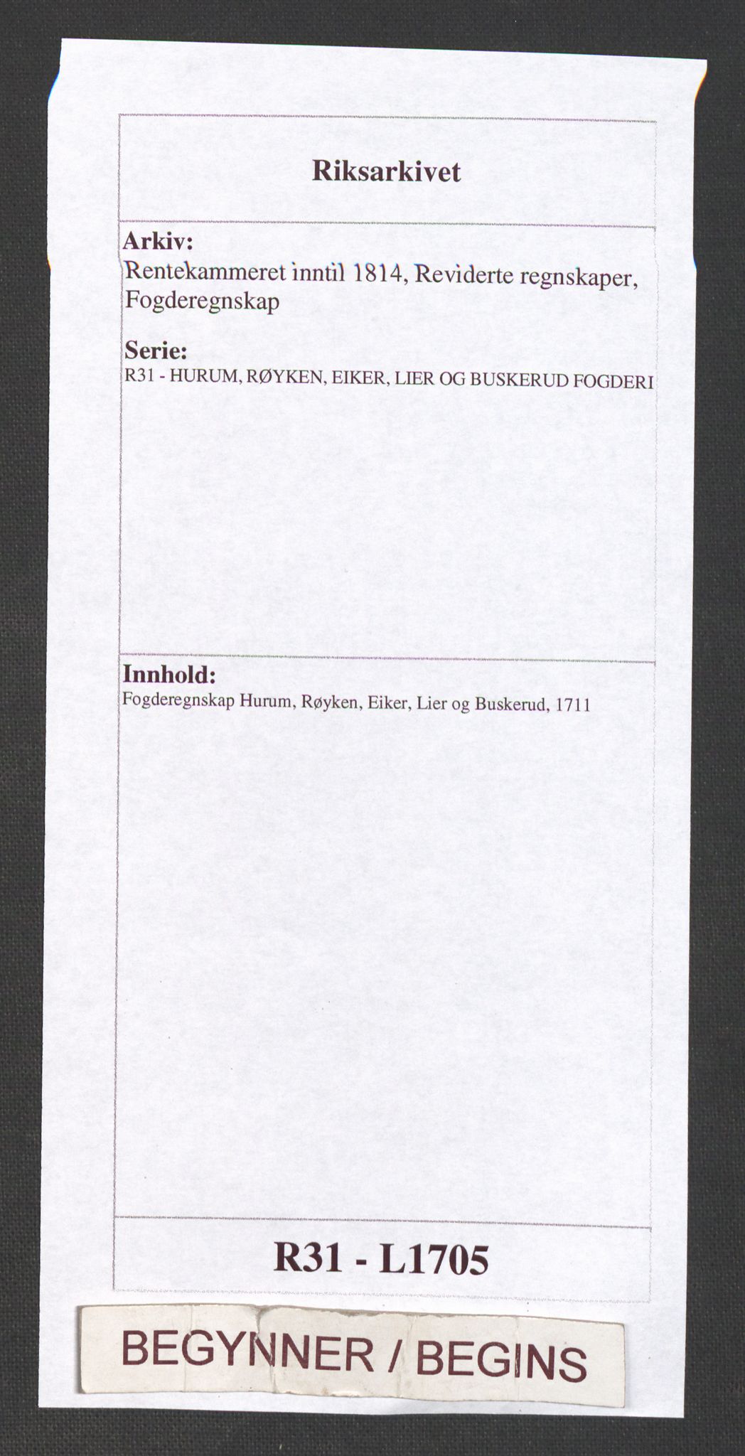 Rentekammeret inntil 1814, Reviderte regnskaper, Fogderegnskap, AV/RA-EA-4092/R31/L1705: Fogderegnskap Hurum, Røyken, Eiker, Lier og Buskerud, 1711, p. 1