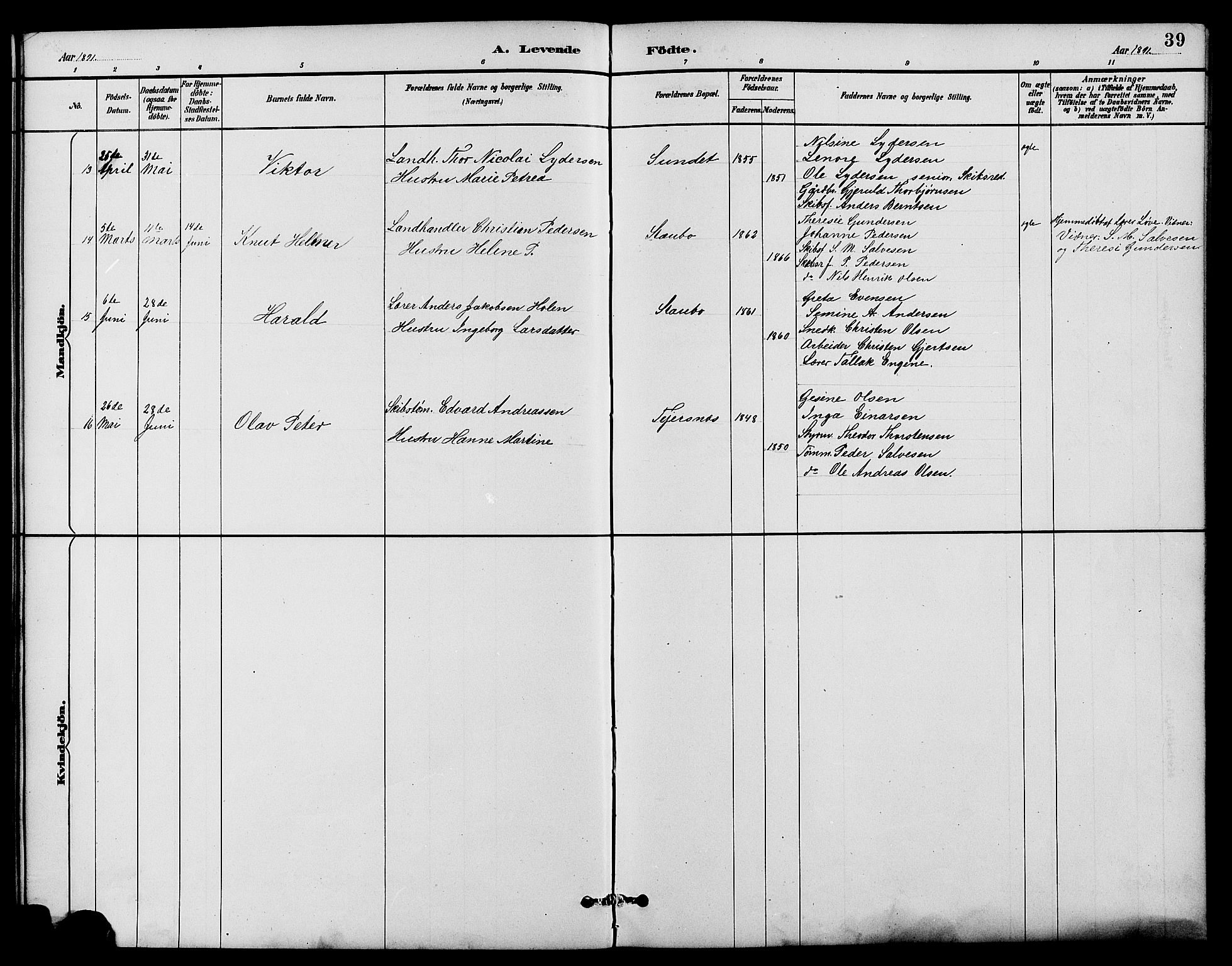 Dypvåg sokneprestkontor, AV/SAK-1111-0007/F/Fb/Fbb/L0004: Parish register (copy) no. B 4, 1887-1905, p. 39