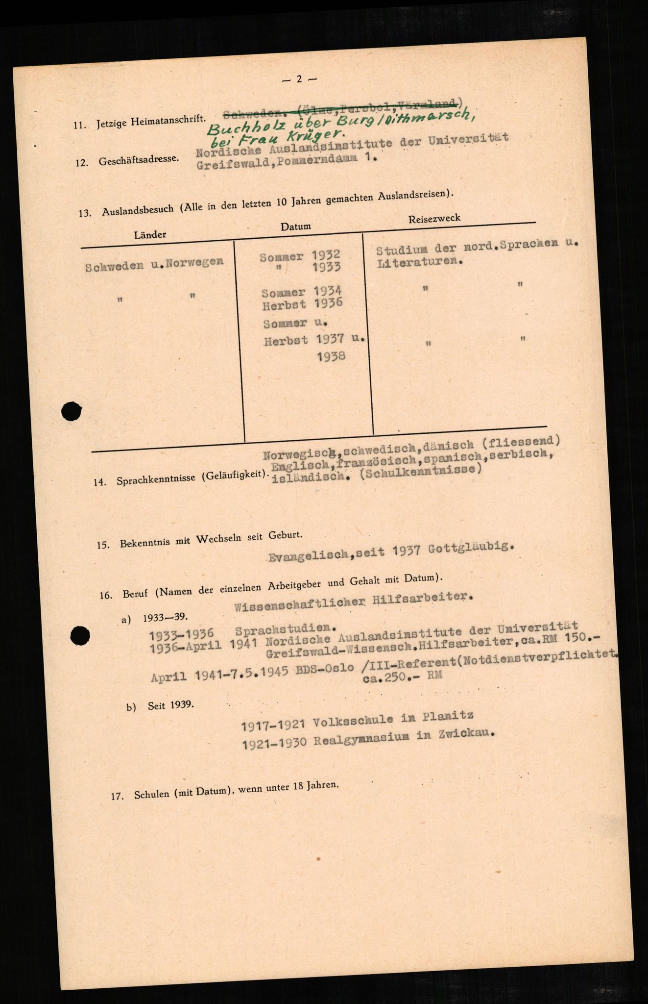 Forsvaret, Forsvarets overkommando II, RA/RAFA-3915/D/Db/L0007: CI Questionaires. Tyske okkupasjonsstyrker i Norge. Tyskere., 1945-1946, p. 408