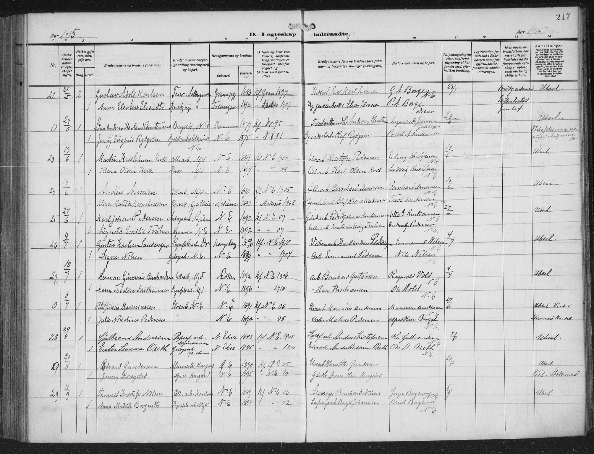 Nedre Eiker kirkebøker, SAKO/A-612/F/Fa/L0007: Parish register (official) no. 7, 1912-1918, p. 217