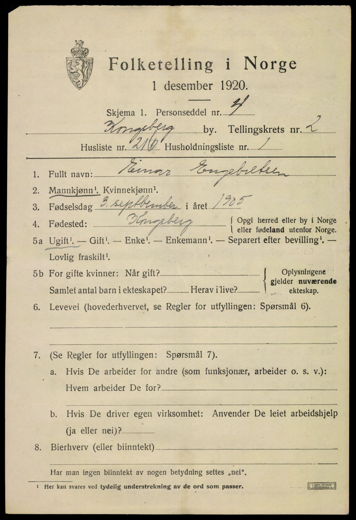 SAKO, 1920 census for Kongsberg, 1920, p. 9900