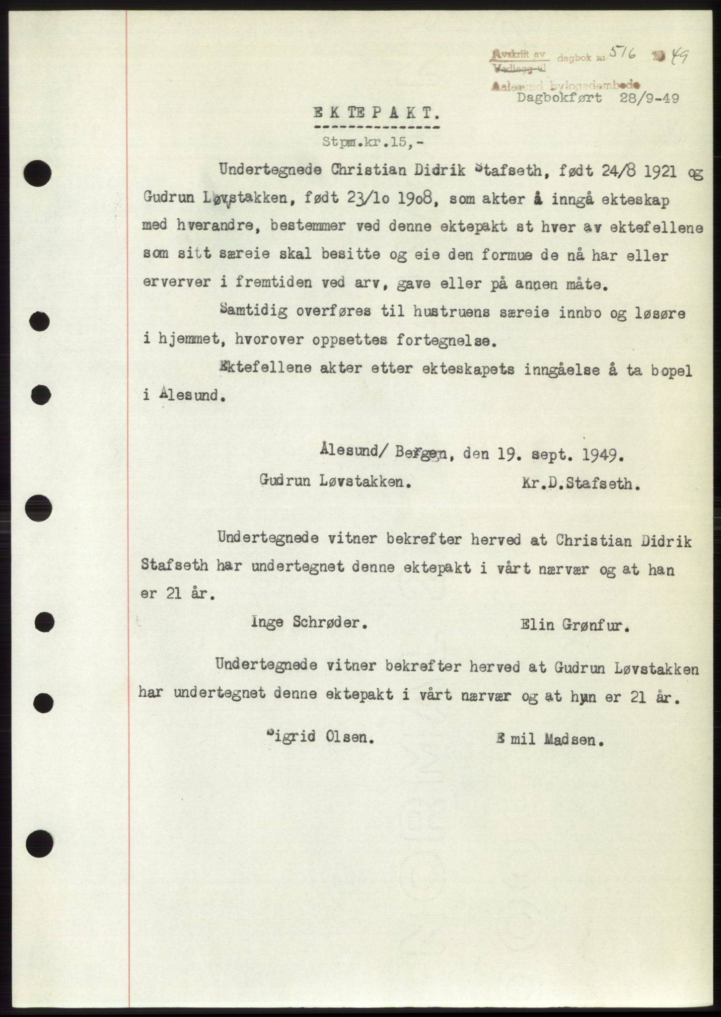 Ålesund byfogd, AV/SAT-A-4384: Mortgage book no. B36-38, 1948-1950, Diary no: : 516/1949