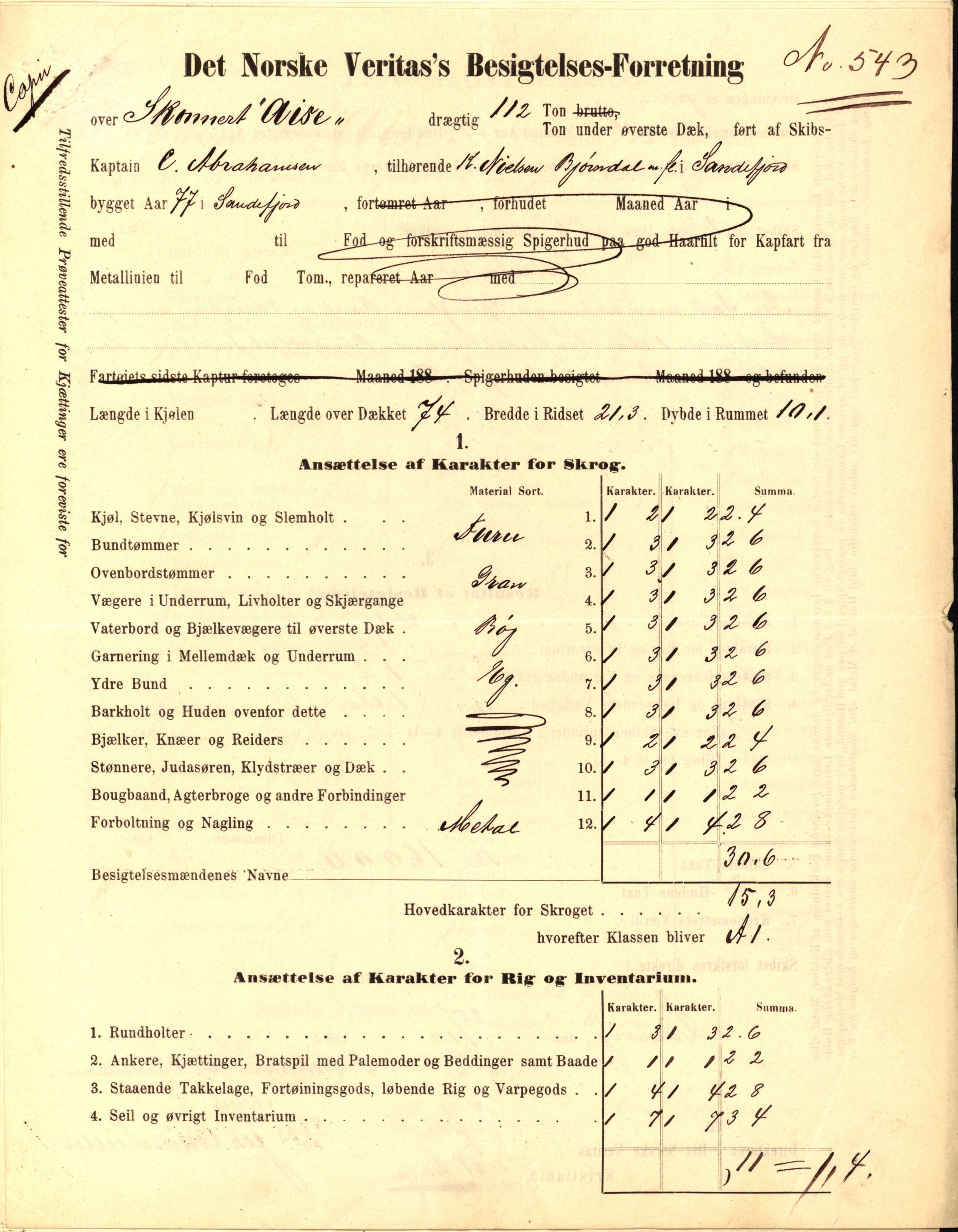 Pa 63 - Østlandske skibsassuranceforening, VEMU/A-1079/G/Ga/L0017/0003: Havaridokumenter / Alma, Aise, Ole Bull, Tellus, Frank, 1884, p. 4