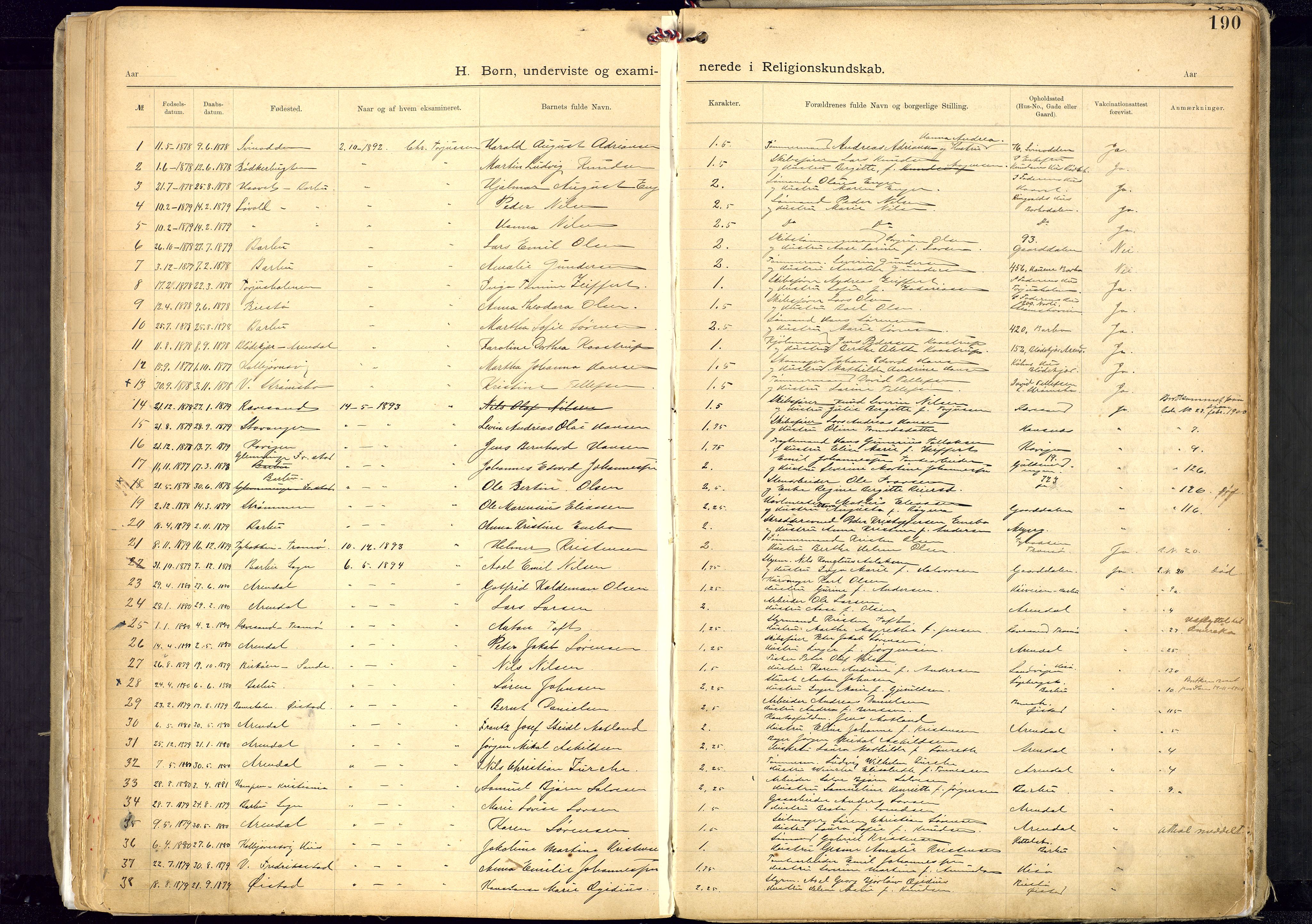 Metodistmenigheten, Arendal, AV/SAK-1292-0011/F/Fa/L0005: Dissenter register no. 5, 1892-1942, p. 190