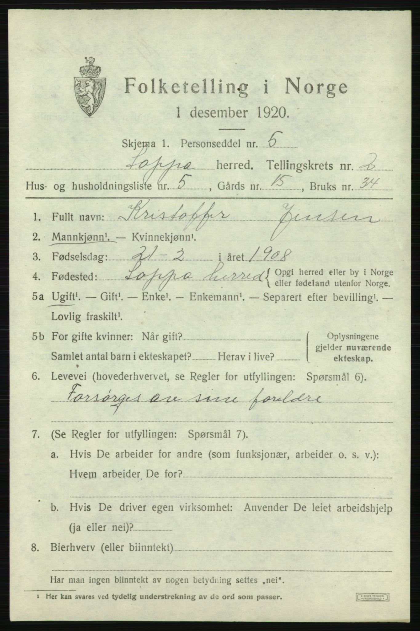 SATØ, 1920 census for Loppa, 1920, p. 864