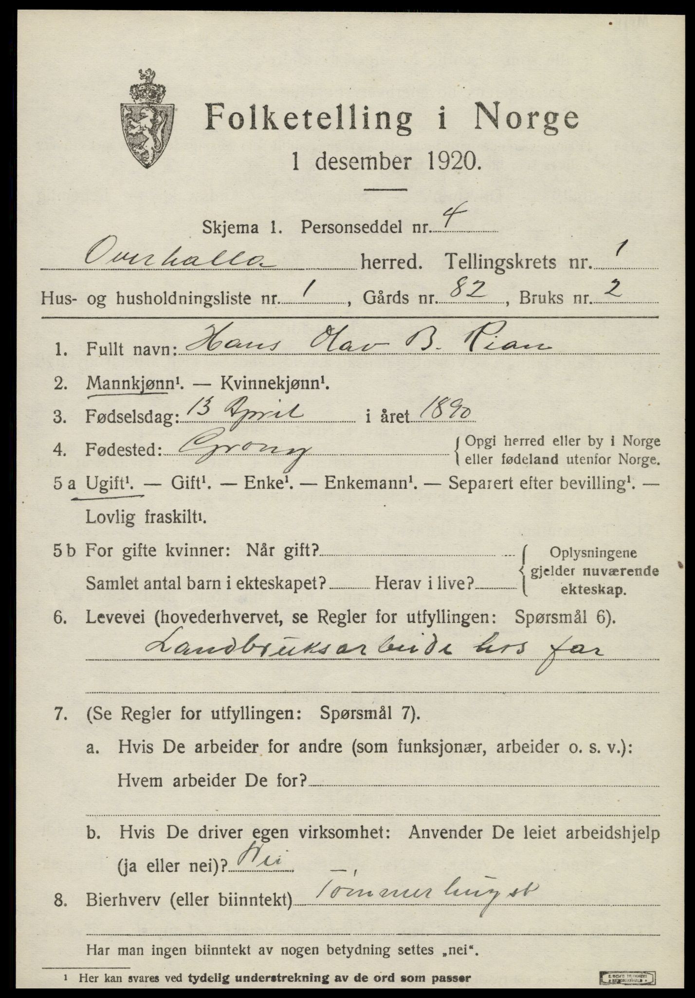 SAT, 1920 census for Overhalla, 1920, p. 964