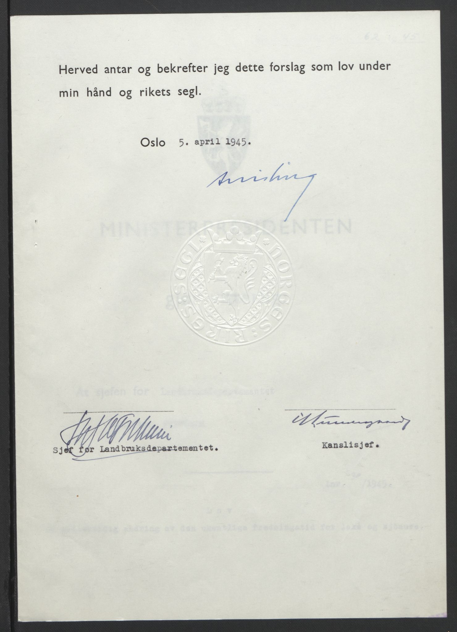 NS-administrasjonen 1940-1945 (Statsrådsekretariatet, de kommisariske statsråder mm), AV/RA-S-4279/D/Db/L0101/0001: -- / Lover og vedtak, 1945, p. 128