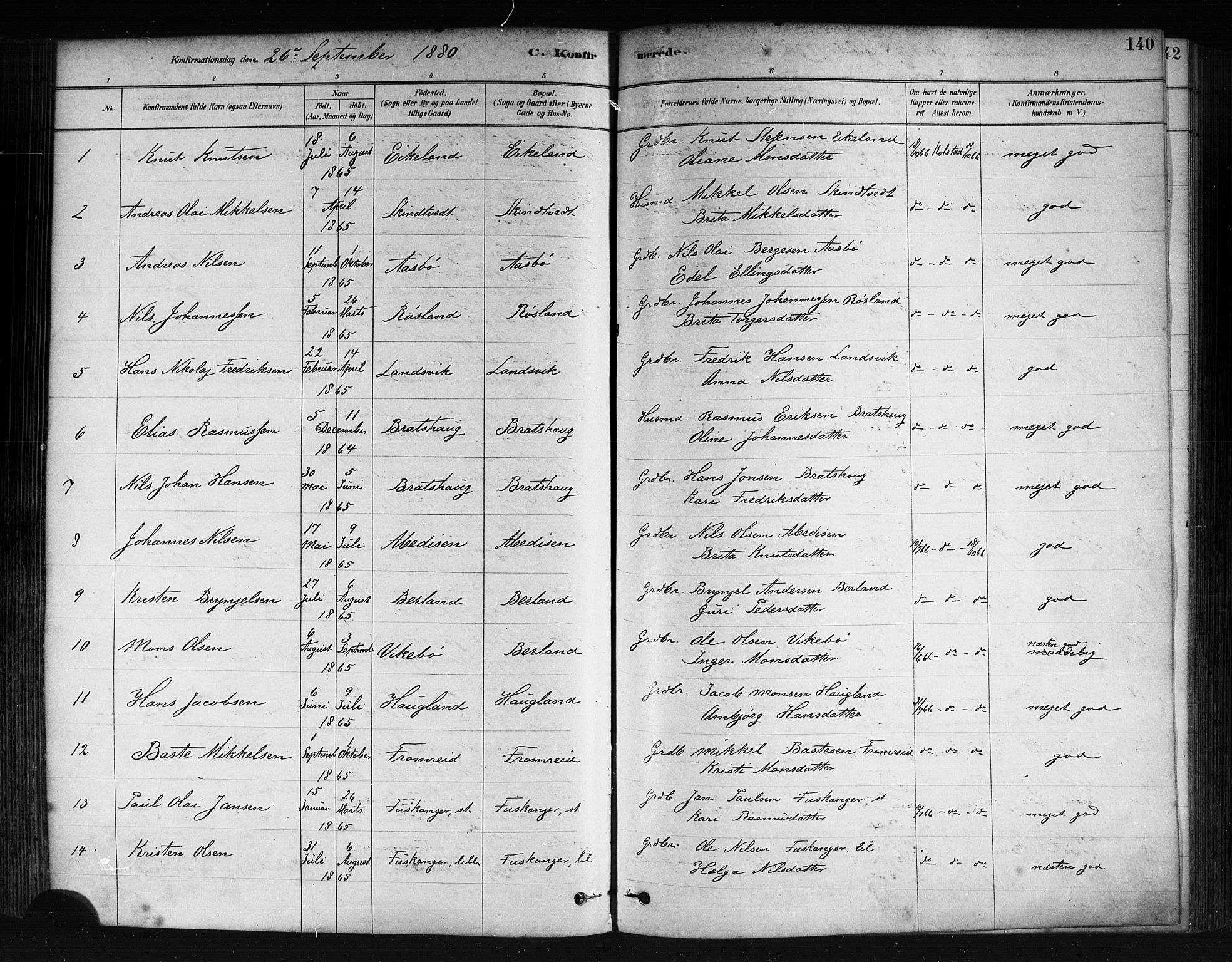 Herdla Sokneprestembete, AV/SAB-A-75701/H/Haa: Parish register (official) no. A 3, 1878-1890, p. 140