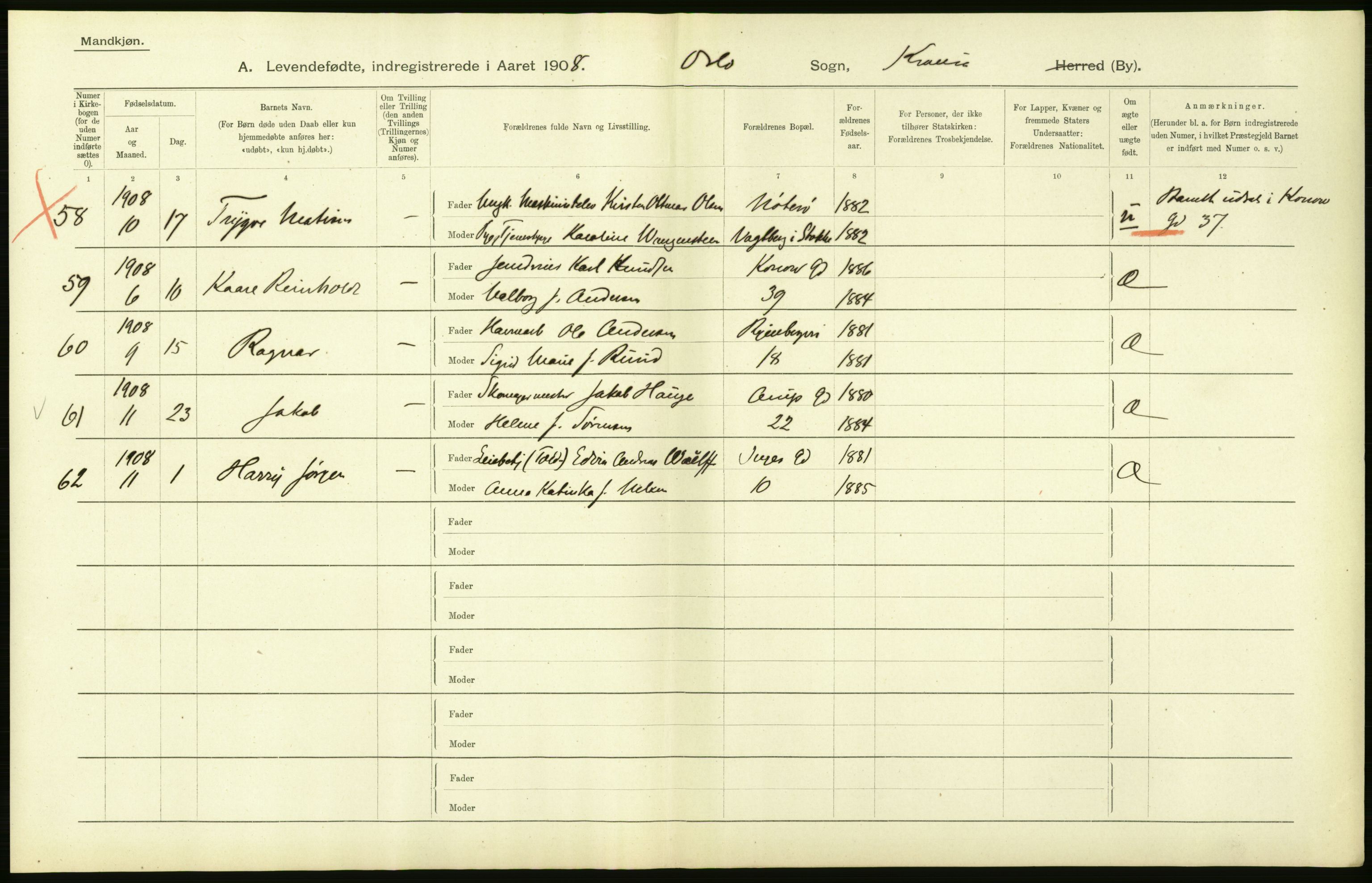 Statistisk sentralbyrå, Sosiodemografiske emner, Befolkning, AV/RA-S-2228/D/Df/Dfa/Dfaf/L0005: Kristiania: Levendefødte menn og kvinner., 1908, p. 80