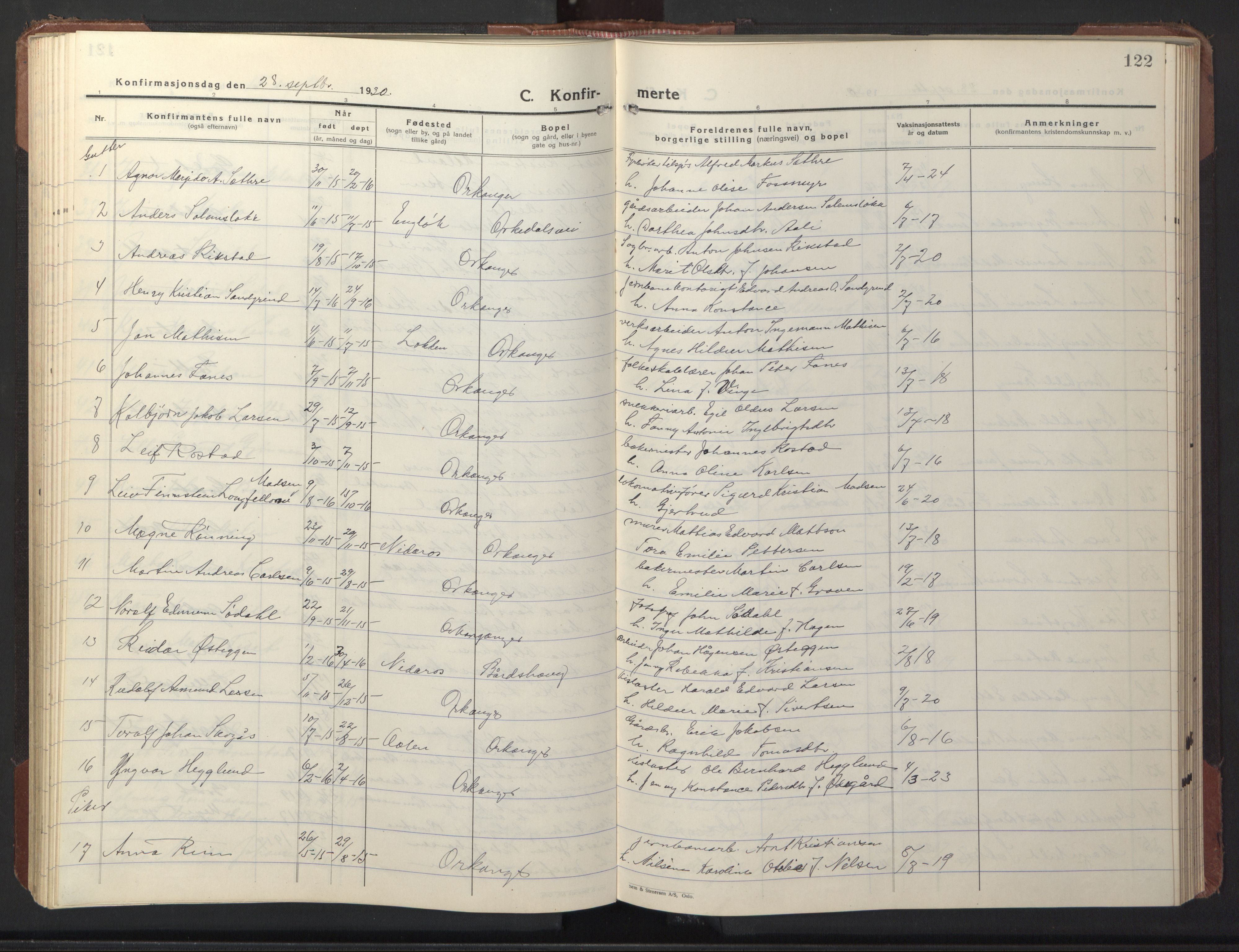 Ministerialprotokoller, klokkerbøker og fødselsregistre - Sør-Trøndelag, SAT/A-1456/669/L0832: Parish register (copy) no. 669C02, 1925-1953, p. 122