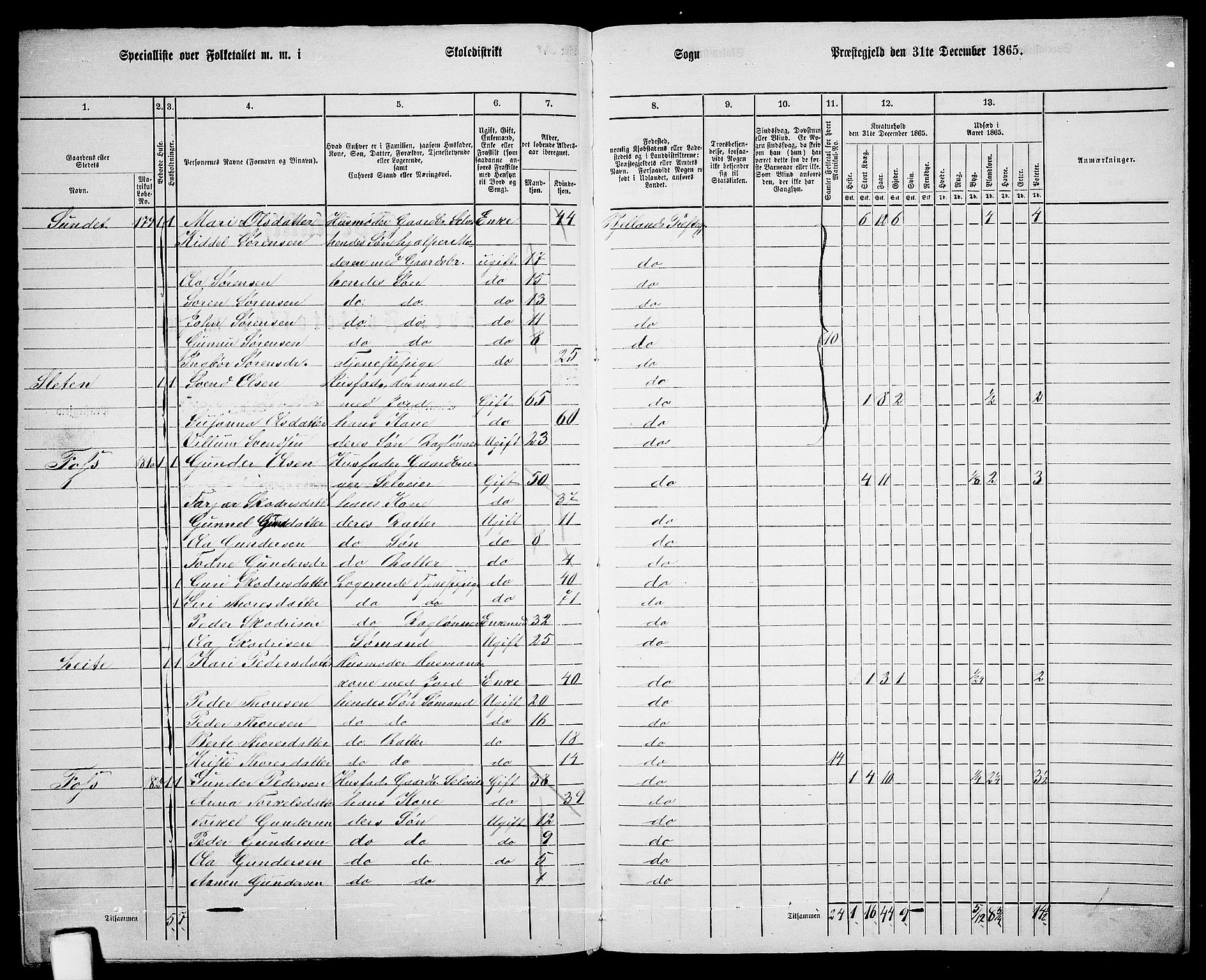 RA, 1865 census for Bjelland, 1865, p. 110