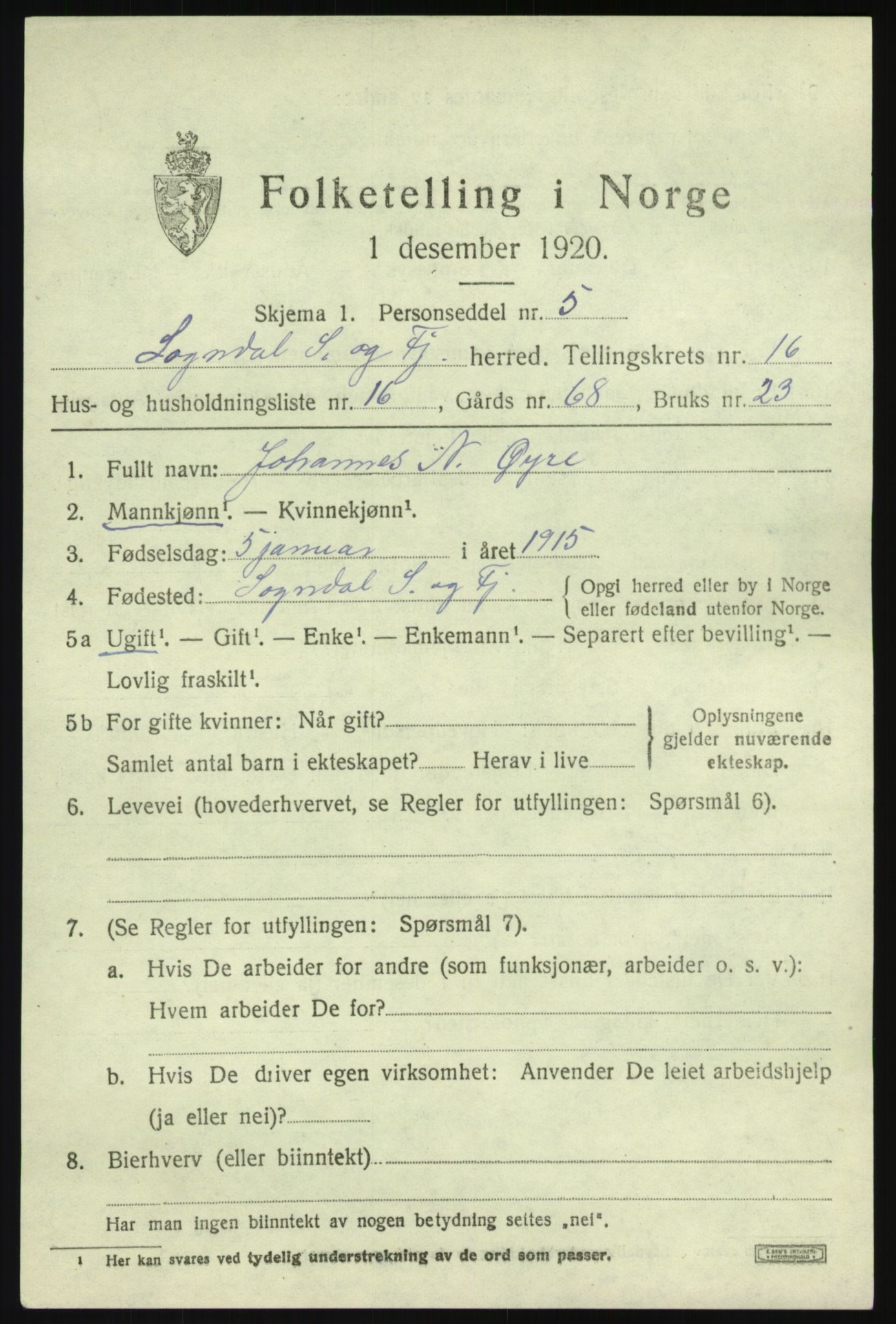 SAB, 1920 census for Sogndal, 1920, p. 6265