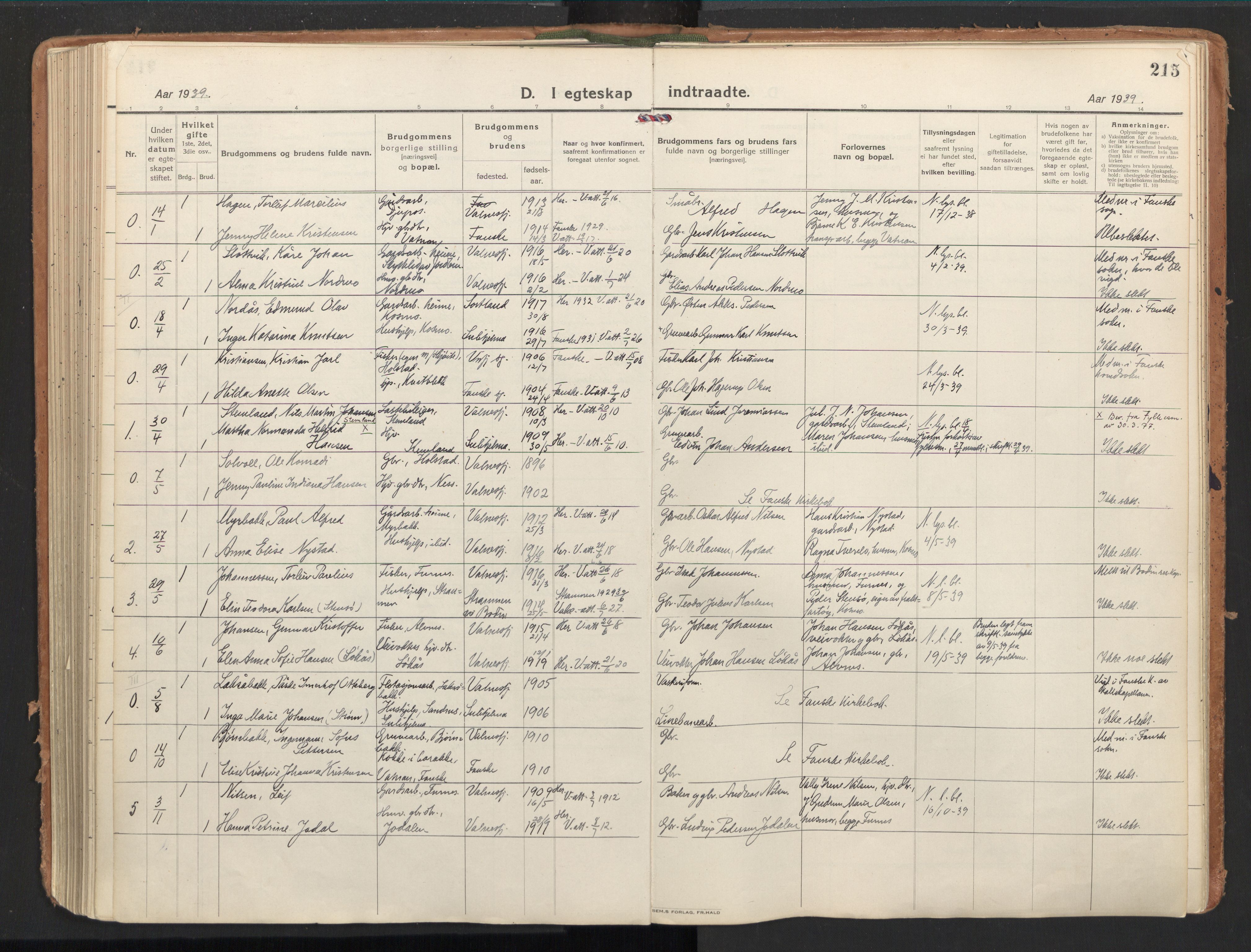 Ministerialprotokoller, klokkerbøker og fødselsregistre - Nordland, AV/SAT-A-1459/851/L0725: Parish register (official) no. 851A02, 1922-1944, p. 215