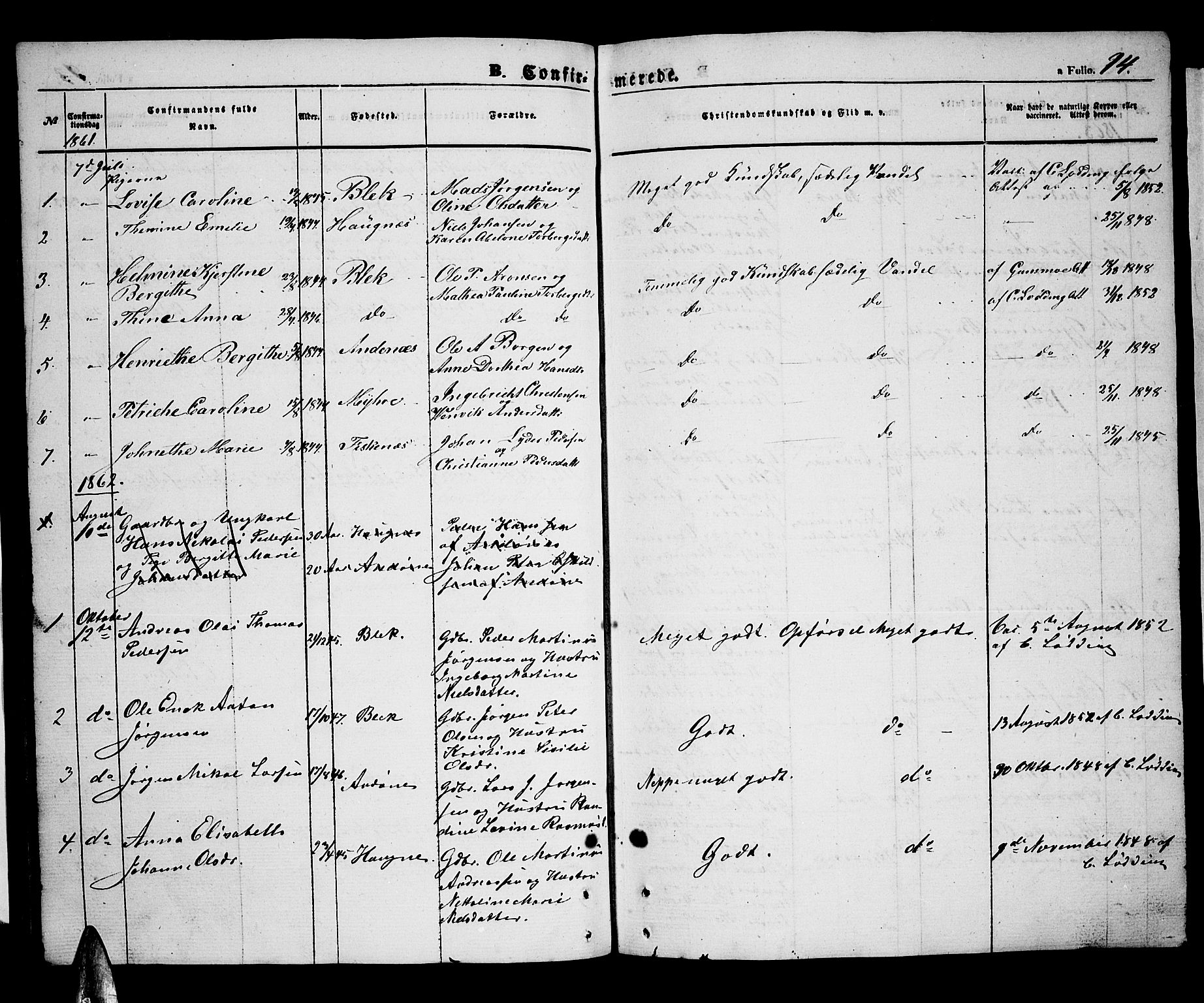 Ministerialprotokoller, klokkerbøker og fødselsregistre - Nordland, AV/SAT-A-1459/899/L1447: Parish register (copy) no. 899C02, 1855-1886, p. 94