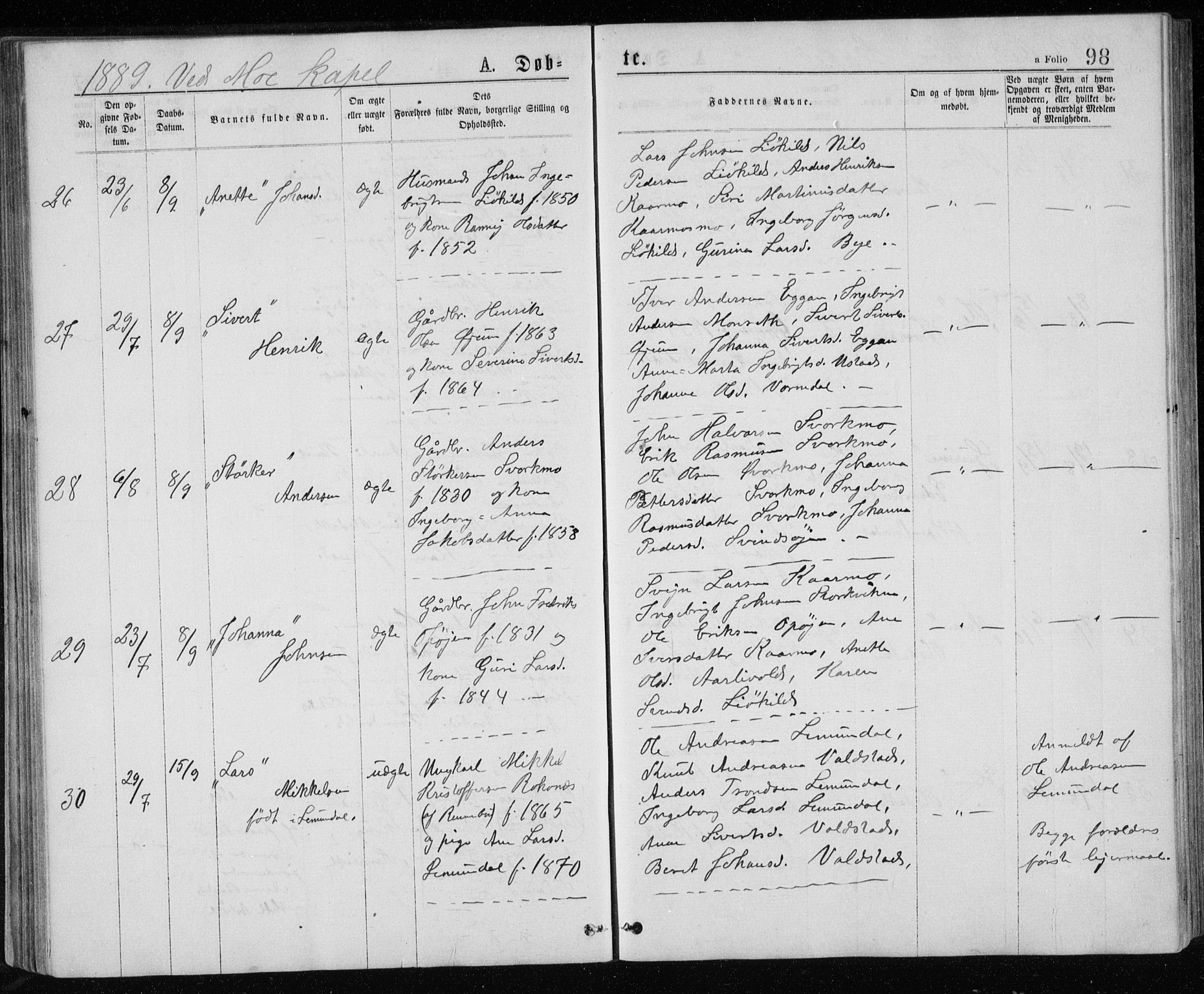 Ministerialprotokoller, klokkerbøker og fødselsregistre - Sør-Trøndelag, AV/SAT-A-1456/671/L0843: Parish register (copy) no. 671C02, 1873-1892, p. 98