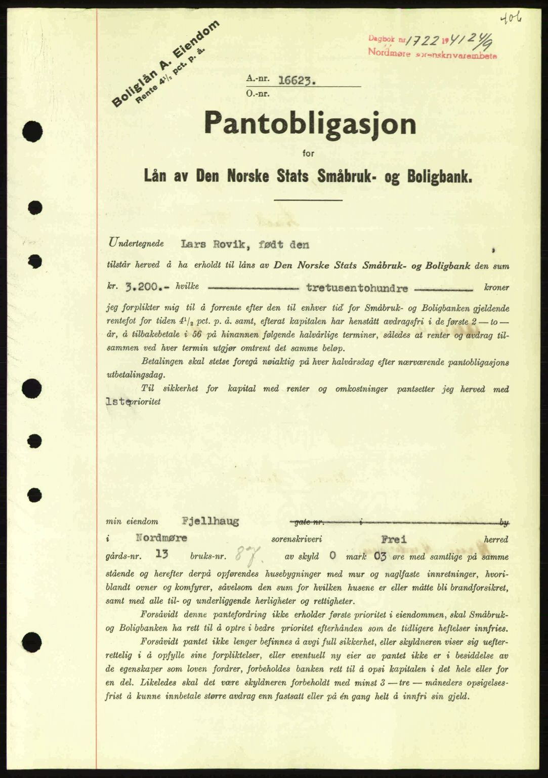 Nordmøre sorenskriveri, AV/SAT-A-4132/1/2/2Ca: Mortgage book no. B88, 1941-1942, Diary no: : 1722/1941