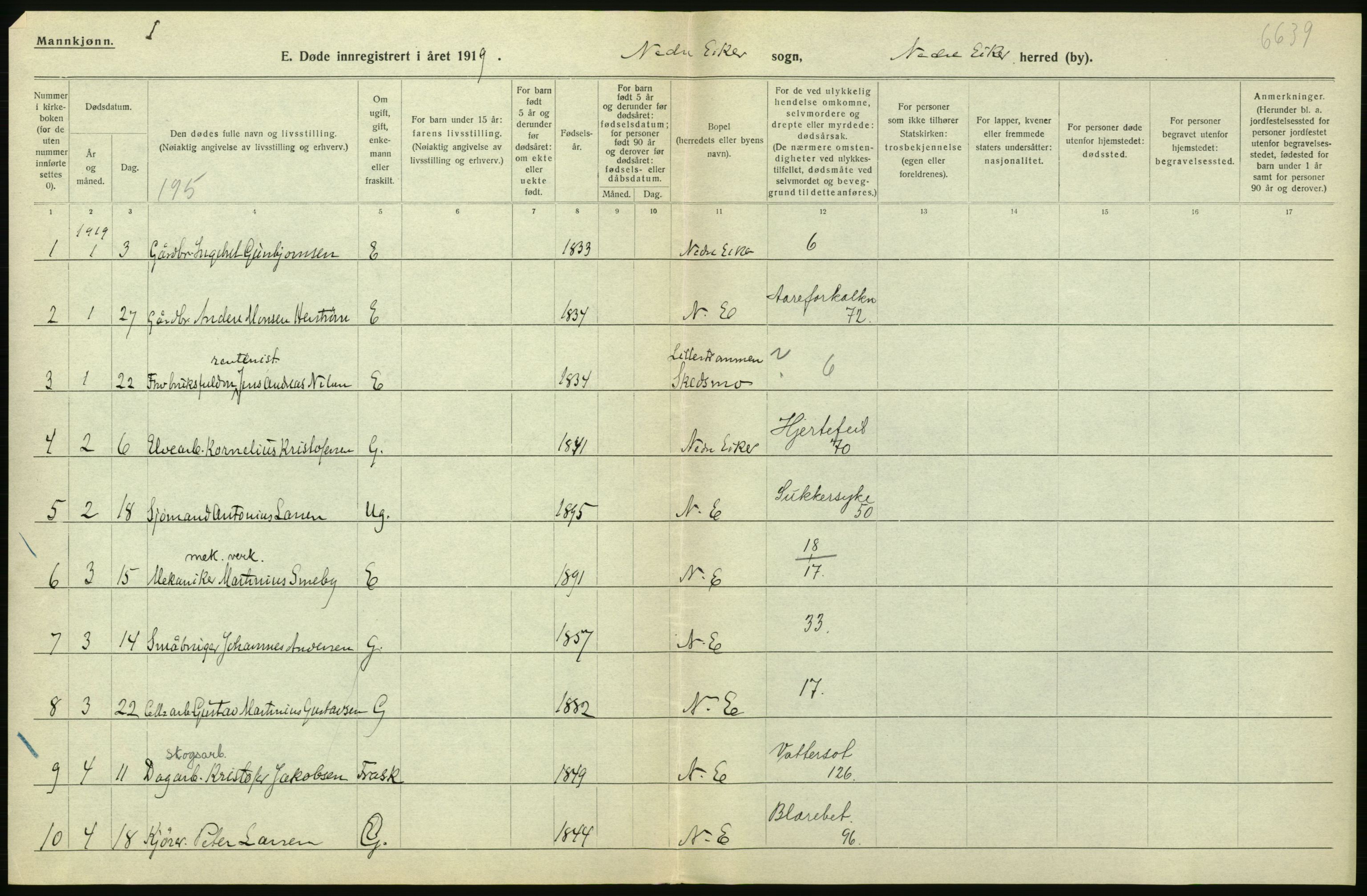 Statistisk sentralbyrå, Sosiodemografiske emner, Befolkning, RA/S-2228/D/Df/Dfb/Dfbi/L0018: Buskerud fylke: Døde. Bygder og byer., 1919, p. 280