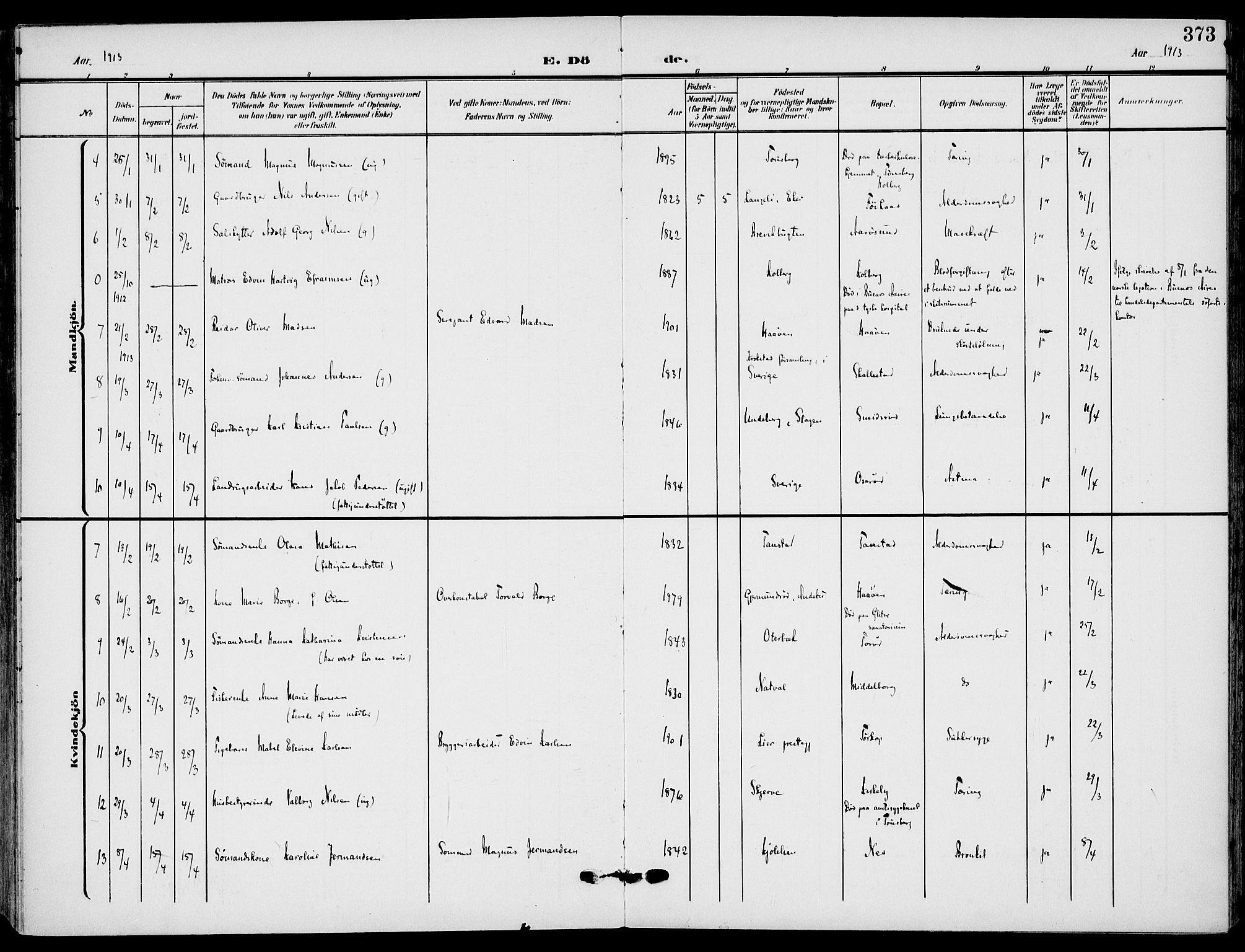 Nøtterøy kirkebøker, AV/SAKO-A-354/F/Fa/L0010: Parish register (official) no. I 10, 1908-1919, p. 373